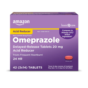 Amazon Basic Care Omeprazole Delayed Release Tablets 20 mg, Acid Reducer, treats frequent heartburn,, Cream, Regular, 42 Count (Pack of 1), 42 Count, Amazon Basic Care Au supplements