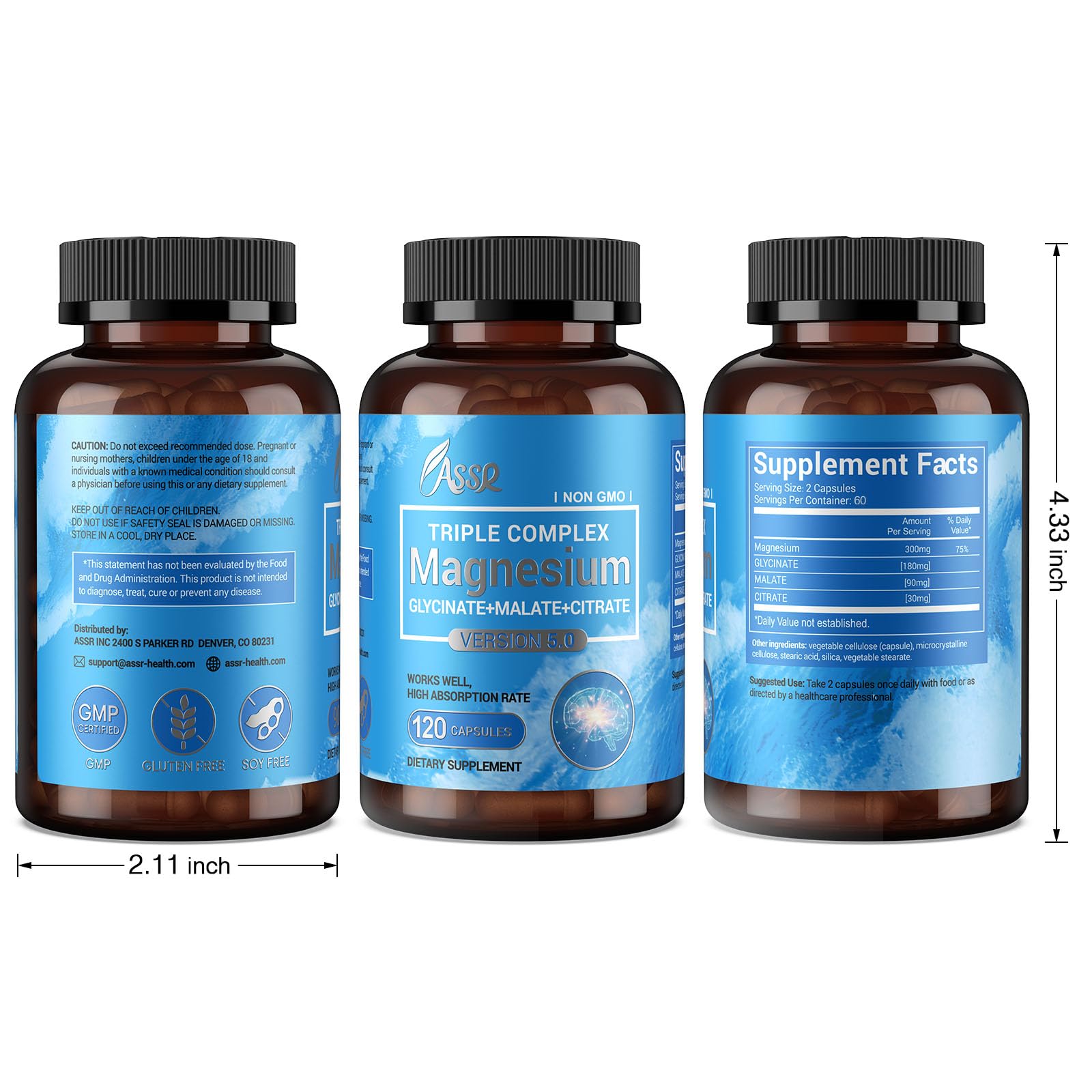 ASSR Triple Magnesium Complex – 300mg Magnesium Supplement with Glycinate, Malate & Citrate – Supports Relaxation, Muscle & Nerve Function – High Absorption, Vegan, Non-GMO, 120 Capsules ASSR Au supplements