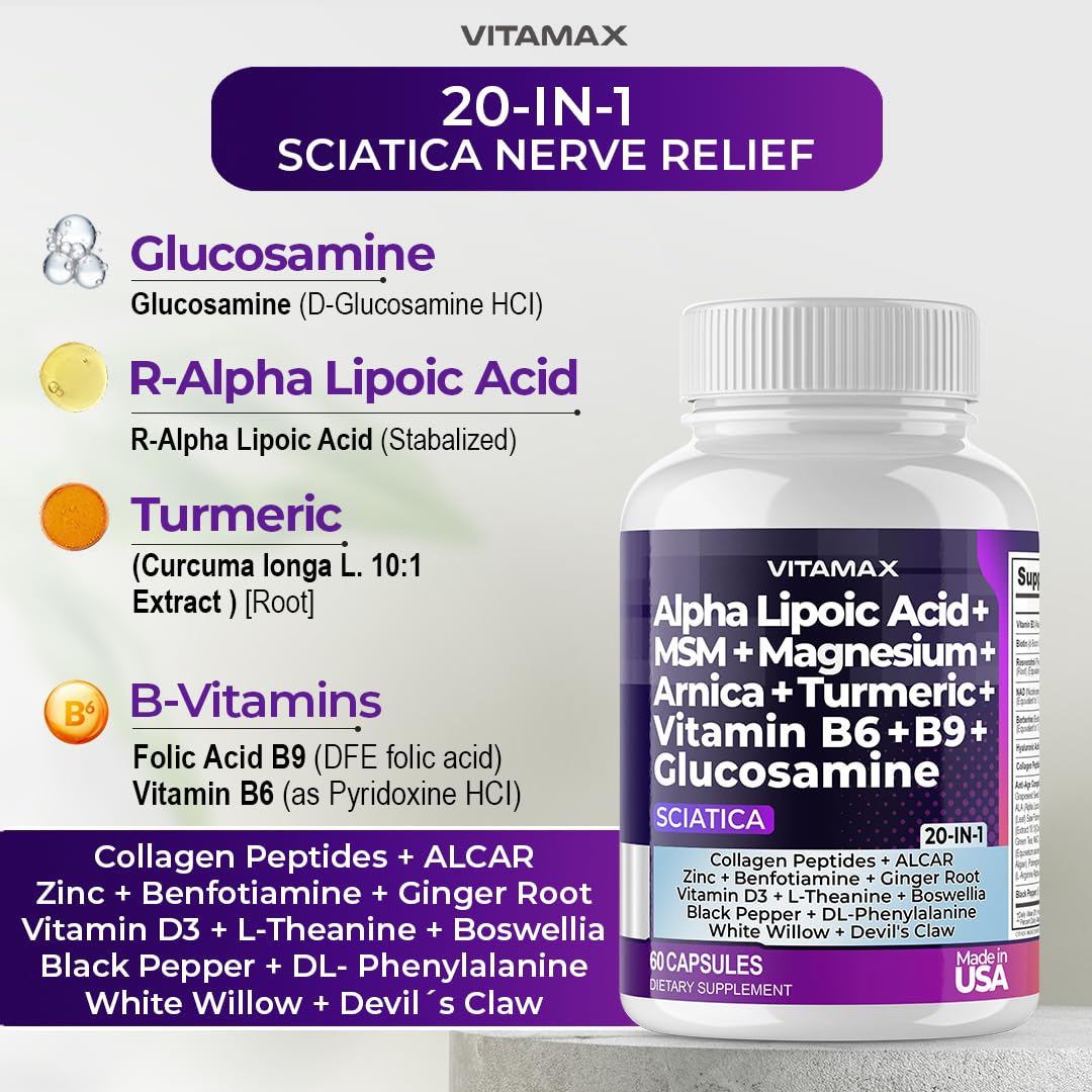Sciatic Nerve Health Support - Sciatic Nerve Supplement Capsules with Folic Acid, Pea, Glucosamine, MSM, Vitamin B Complex, Alpha Lipoic Acid 300mg – 60ct – Made in USA Vitamax Au supplements