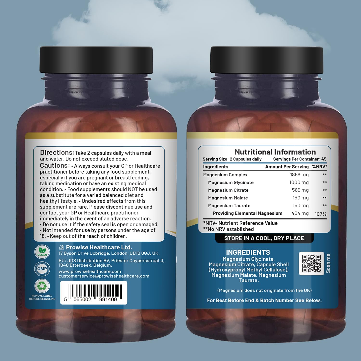 Magnesium Glycinate Complex 4 in 1-1866mg per Serving | Precise 404mg Elemental Magnesium dose | Added Magnesium Glycinate, Citrate, Malate & Taurate | 90 Vegan Capsules - by Prowise PH PROWISE Healthcare Au supplements