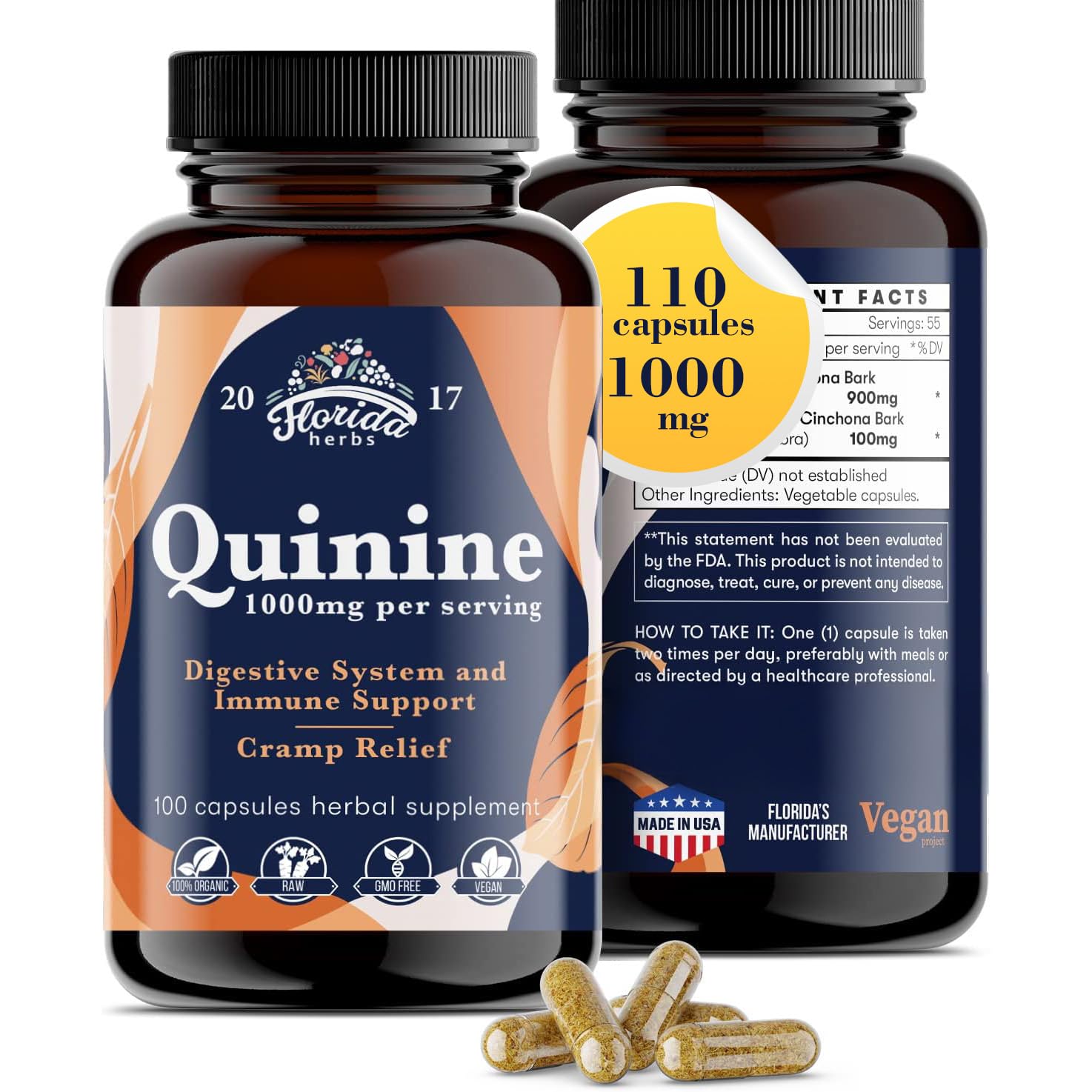FLORIDA HERBS Quinine for Leg Cramps 1000 mg - 110 Capsules - Cinchona Bark Extract Supplement - Quinine Capsules - Vegan, Non - GMO FLORIDA HERBS Au supplements