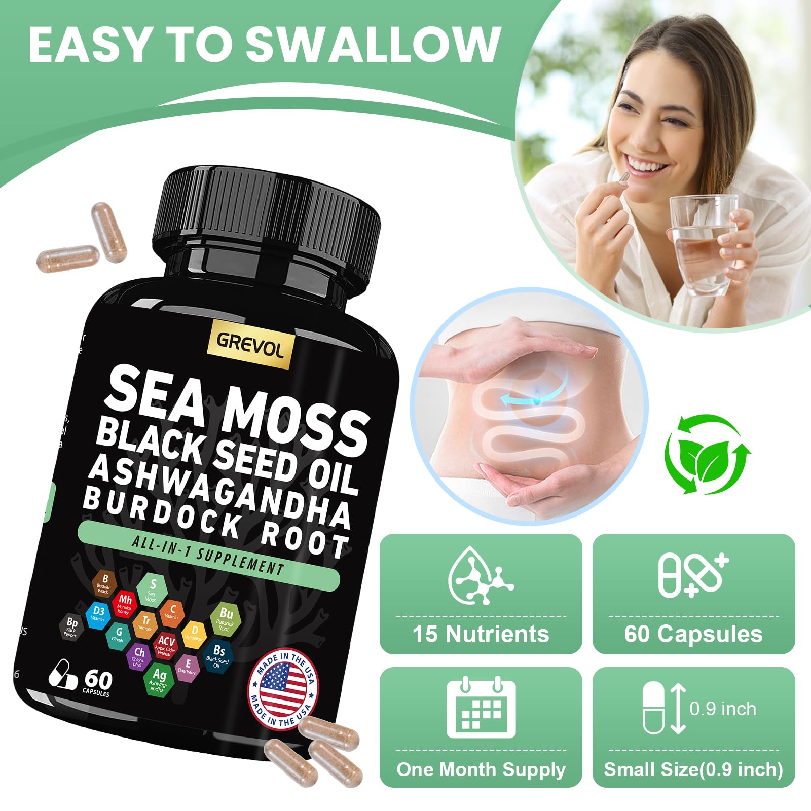Sea Moss Black Seed Oil Ashwagandha Bladderwrack Burdock Root Turmeric & Vitamin C D3 Elderberry ACV Black Pepper - Multimineral Supplement - 60 Count Grevol Au supplements