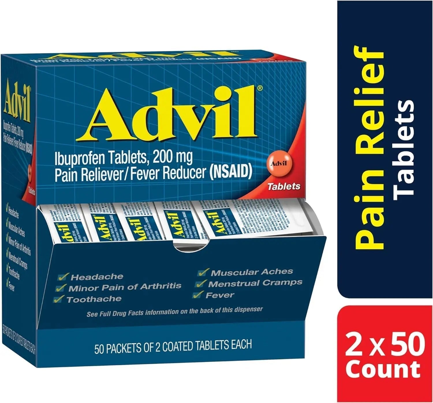 Advil Ibuprofen Tablets, 200 mg Pain Reliever/Fever Reducer (NSAID), 100 Tablets (50 Packets of 2 Tablets Each) Advil Au supplements