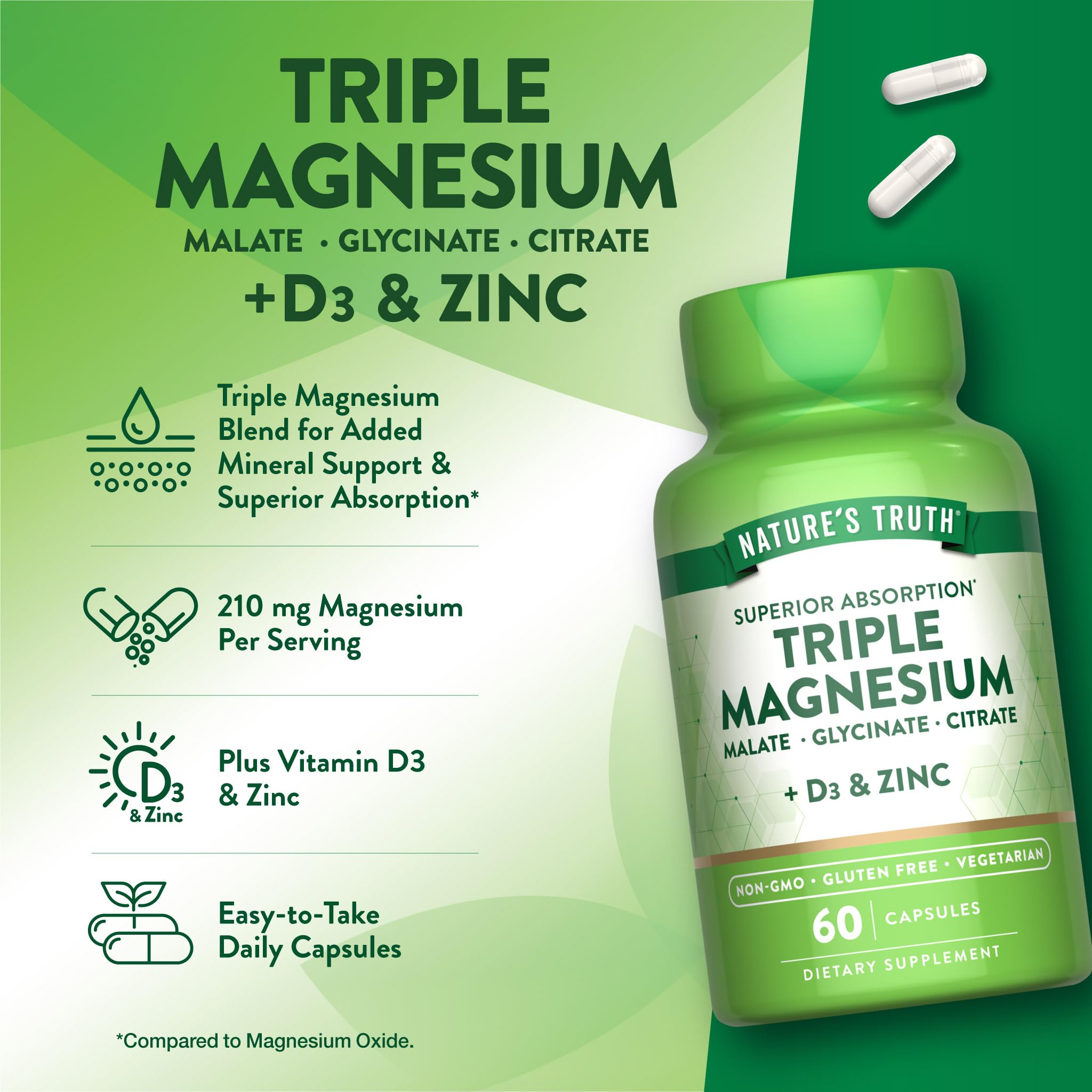Nature's Truth Triple Magnesium Complex Supplement | 60 Capsules | Glycinate, Citrate & Malate | with D3 & Zinc | Vegetarian, Non-GMO, & Gluten Free Nature's Truth Au supplements