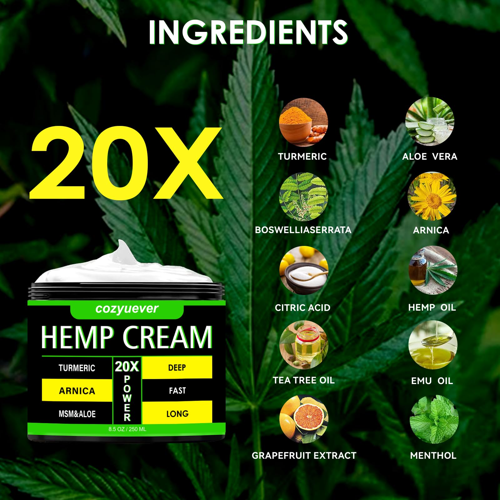cozyuever 8.5 Oz Hemp Cream with Arnica, Menthol, Aloe, Emu Oil, Turmeric cozyuever Au supplements