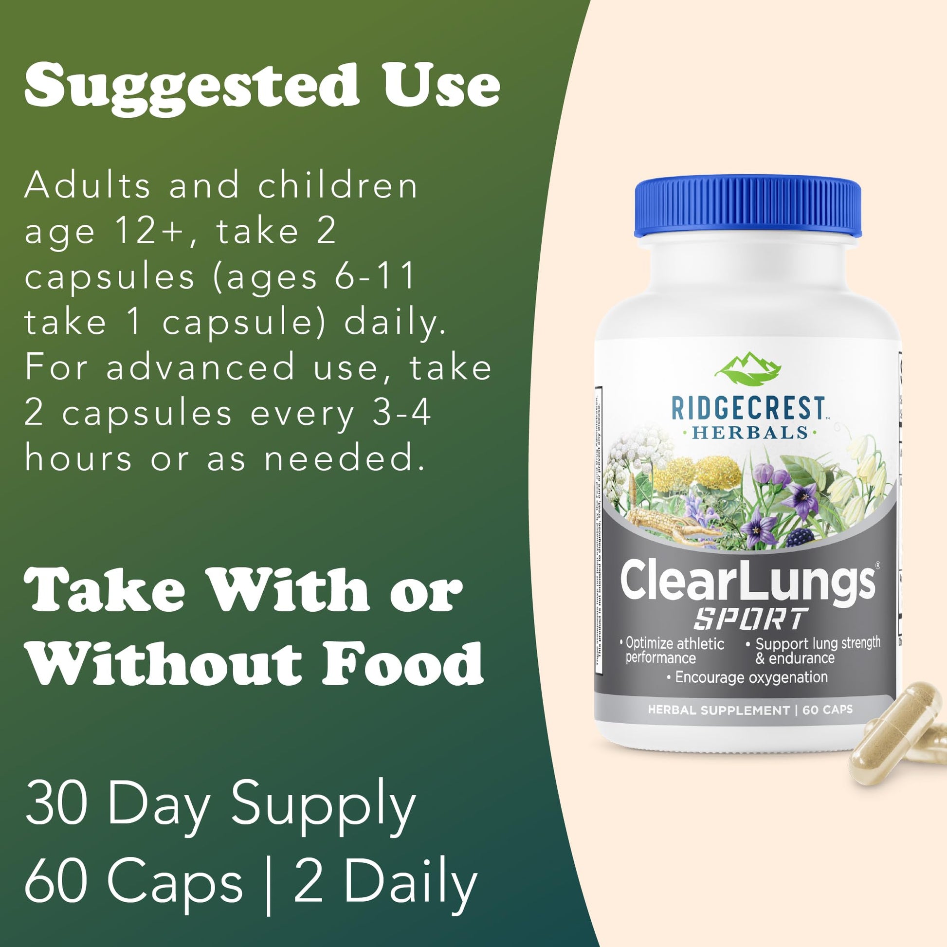 Ridgecrest Herbals ClearLungs Sport, Oxygen Intake and Lung Support Formula with Cordyceps, Rhodiola, Eleuthero (60 Vegan Caps, 30 Serv) RidgeCrest Herbals Au supplements