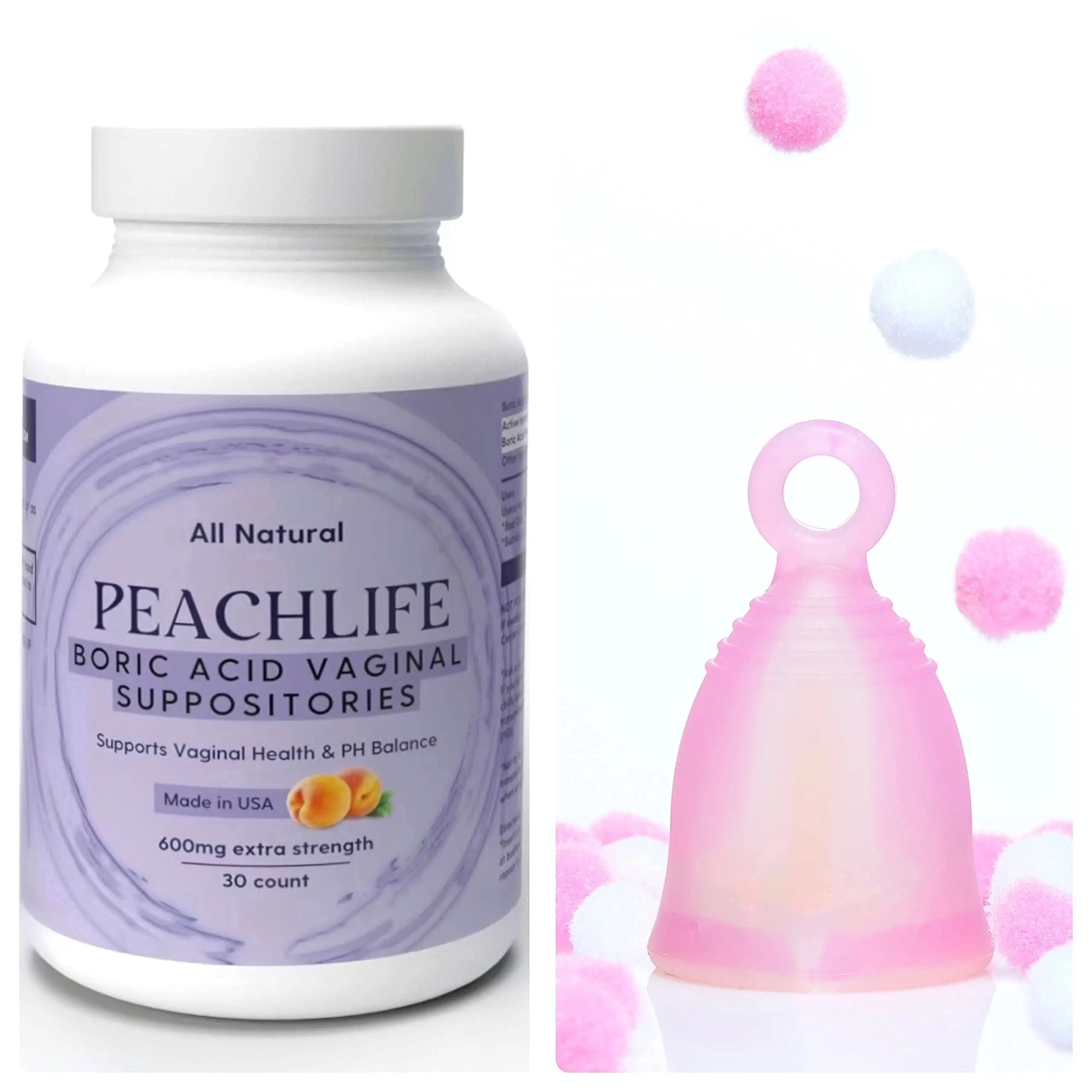 Peachlife Boric Acid Suppositories and Small Soft Menstrual Cup with Ring Pull Peachlife Au supplements