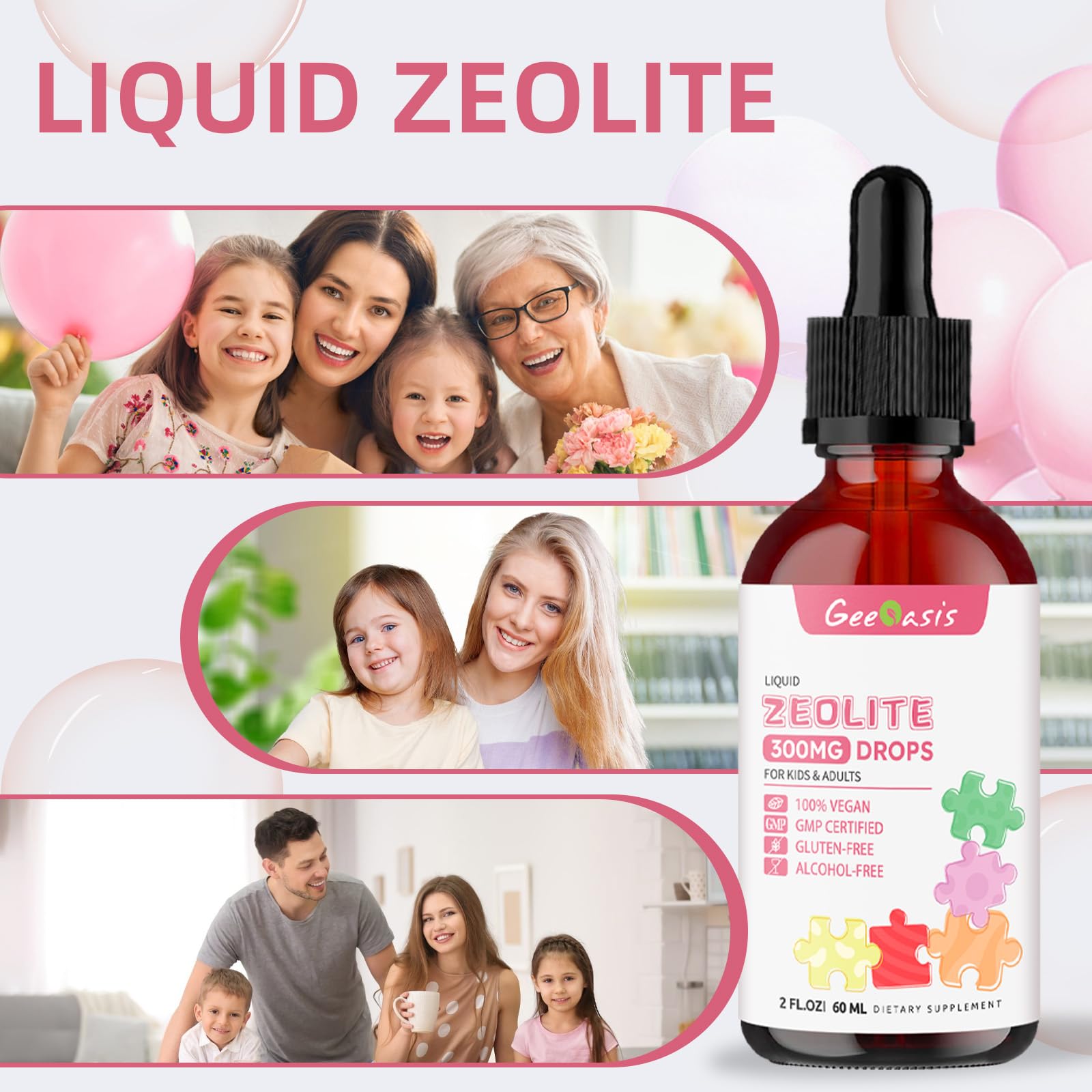 Geeoasis Zeolite Detox for Kids & Adults, 300 mg Zeolite Clinoptilolite Liquid with Vitamin B12 & D3, Vitamin C & Zinc Gluconate, Immune Support & Gut Health, Natural Strawberry Flavor, 2 Fl Oz Geeoasis Au supplements