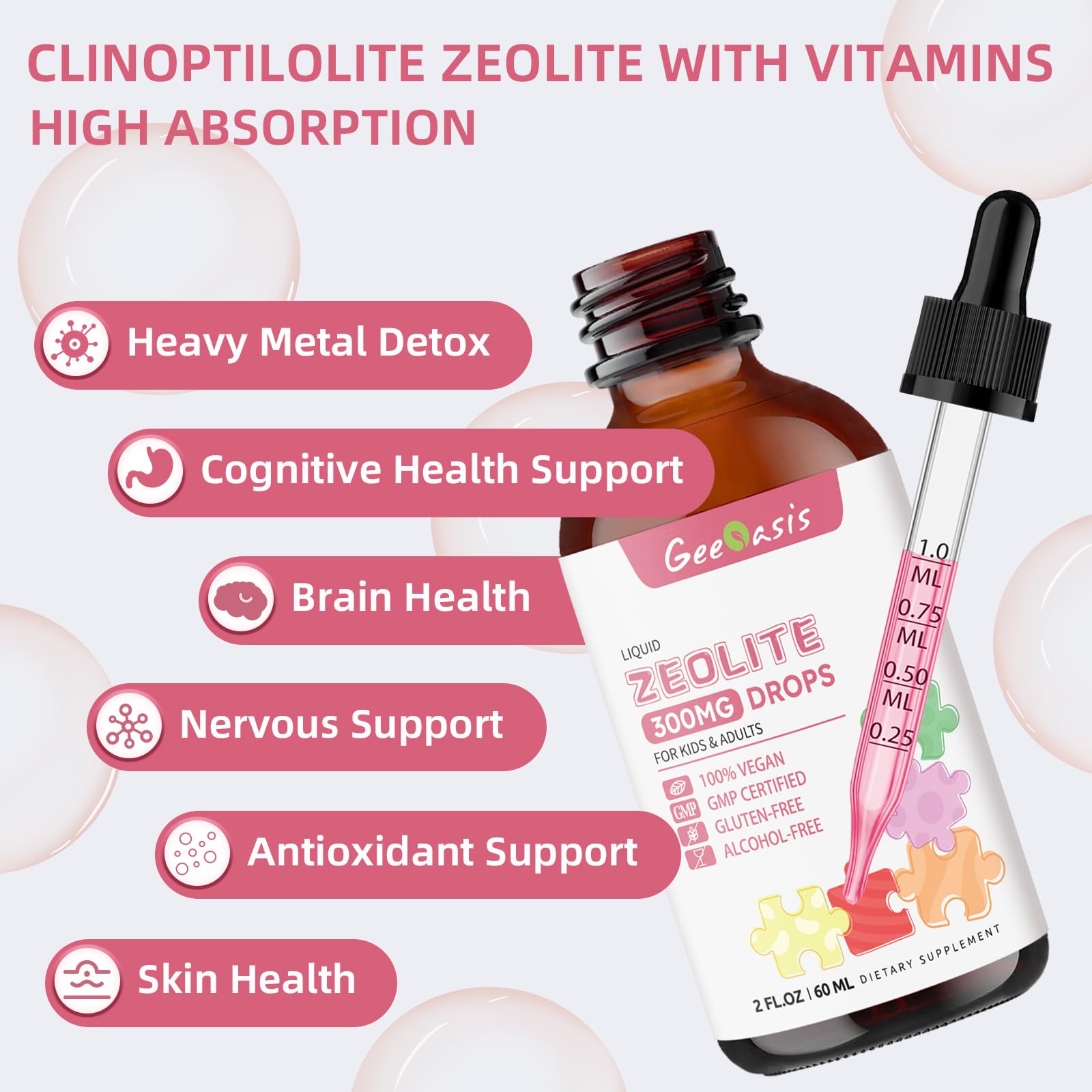 Geeoasis Zeolite Detox for Kids & Adults, 300 mg Zeolite Clinoptilolite Liquid with Vitamin B12 & D3, Vitamin C & Zinc Gluconate, Immune Support & Gut Health, Natural Strawberry Flavor, 2 Fl Oz Geeoasis Au supplements