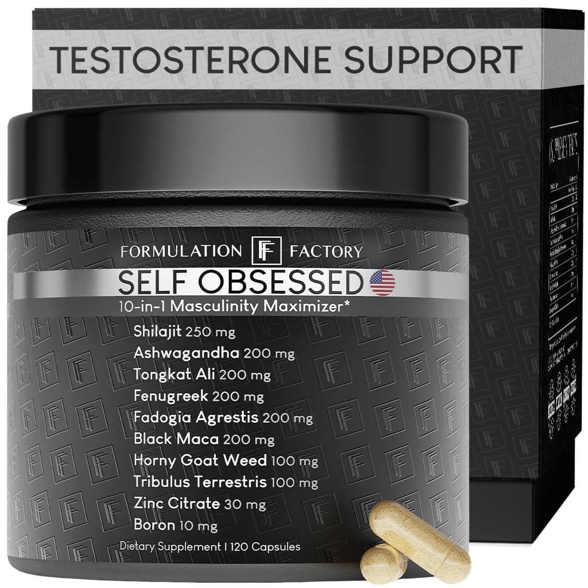 Self Obsessed Masculine Vitality & Testosterone Support - 10-in-1 Complex with Shilajit, Tongkat Ali, & Fadogia Agrestis - 120 Capsules, 2 Month Supply (120 Count (Pack of 1), Self Obsessed) Formulation Factory Au supplements