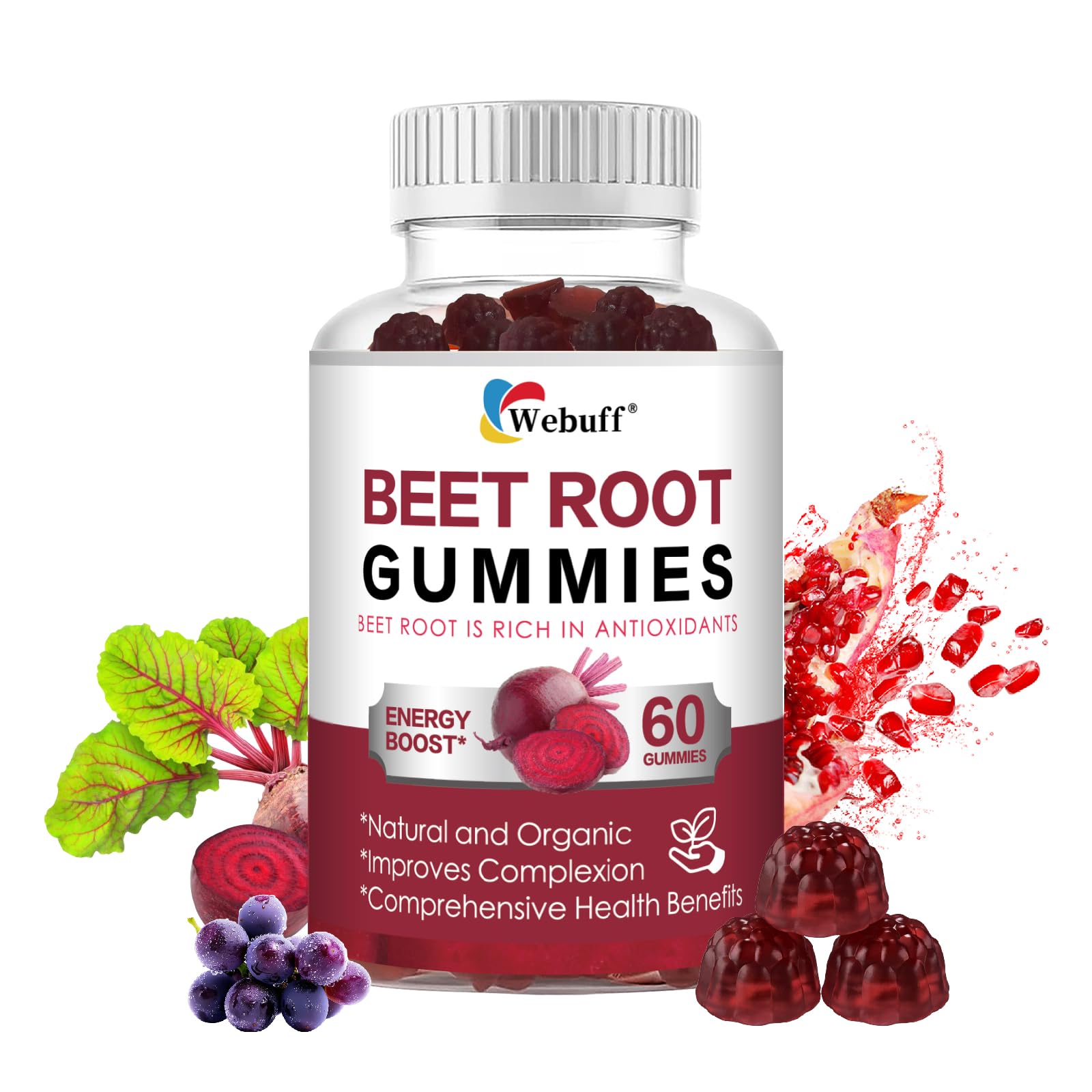 Webuff Beet Root Gummies - Nitric Oxide Booster with Organic Beet, Pomegranate & Grape Seed, Vitamin B12 - Energy, Circulation & Heart Health Support, Vegan, Non-GMO, 60 Count (Pack of 1) Webuff Au supplements