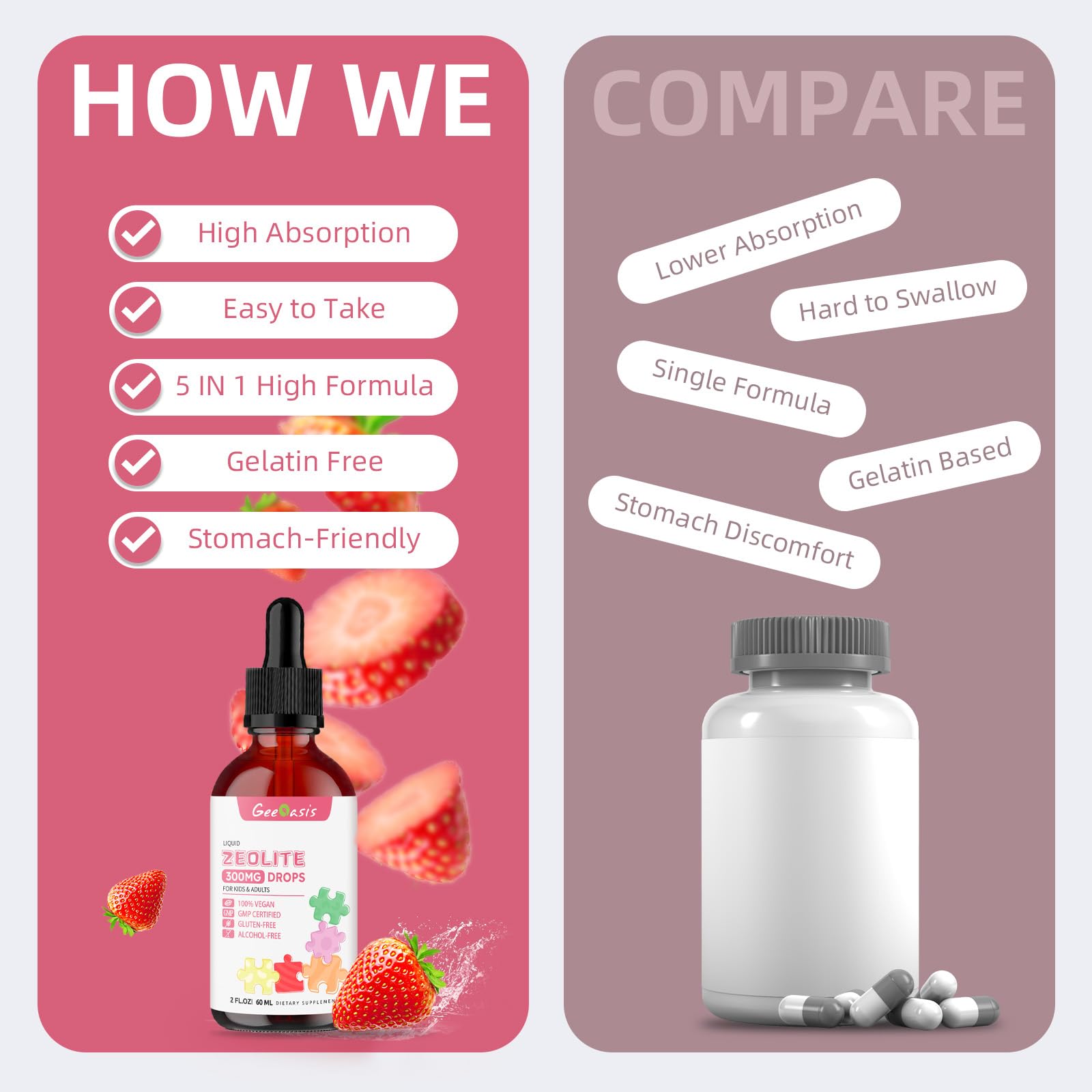 Geeoasis Zeolite Detox for Kids & Adults, 300 mg Zeolite Clinoptilolite Liquid with Vitamin B12 & D3, Vitamin C & Zinc Gluconate, Immune Support & Gut Health, Natural Strawberry Flavor, 2 Fl Oz Geeoasis Au supplements