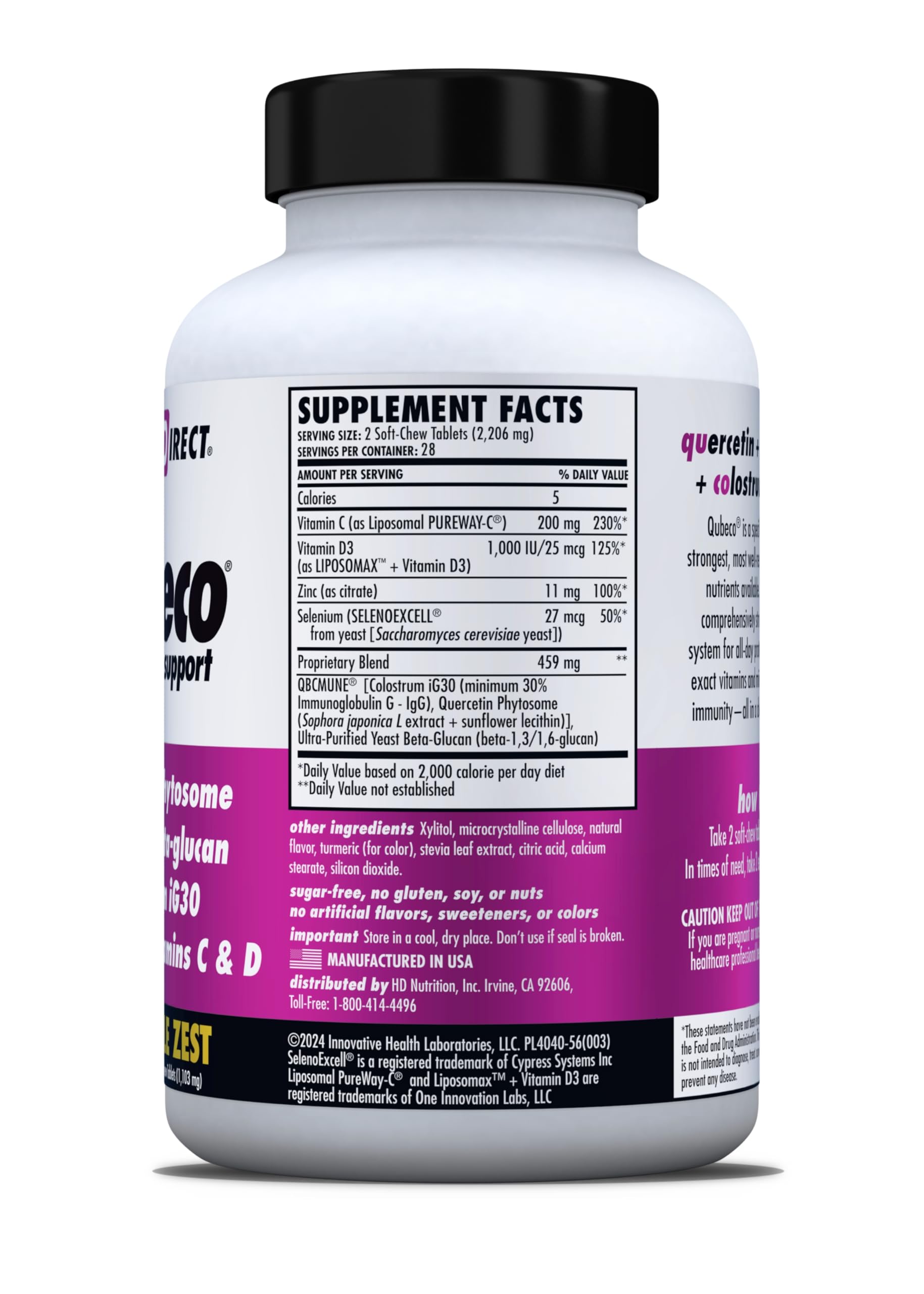 HEALTH DIRECT - Qubeco Immune Support with Vitamin D3, Liposomal Vitamin C, Quercetin, Beta-Glucan, Colostrum, Zinc, Selenium - Clinical Strength – 56 Soft Chew Tabs - 28 Day Supply - Pineapple Zest HEALTH DIRECT Au supplements