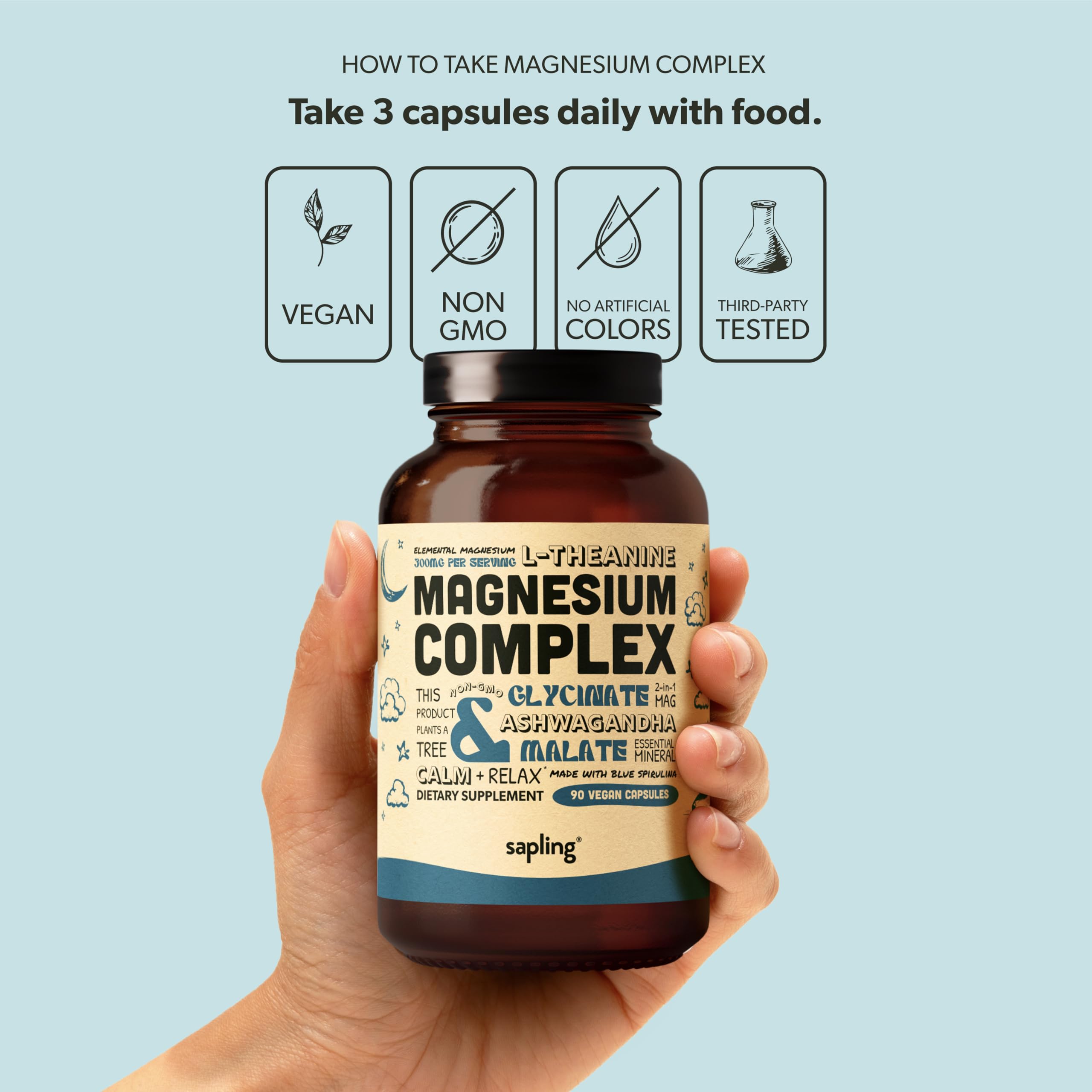 Magnesium Glycinate Complex Supplement - Chelated Magnesium Glycinate with Malate, Organic Ashwagandha, L-theanine & Blue Spirulina - High Absorption, Vegan, Non-GMO, 300mg, 90 Veggie Caps sapling Au supplements