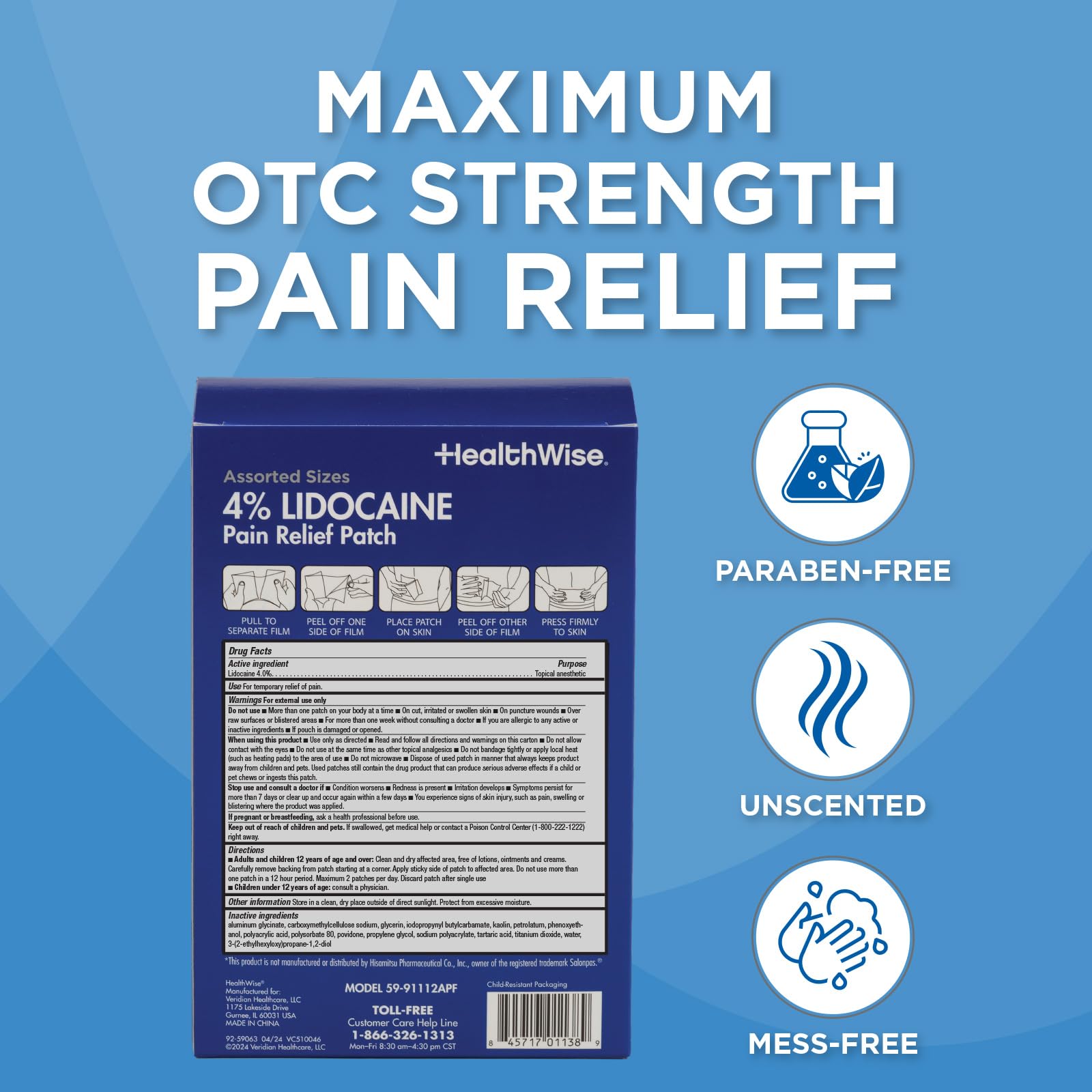 HealthWise Lidocaine Pain Patch | 4% OTC Lidocaine | 12-Count Assorted Sizes | Paraben-Free Formula | Temporarily Soothes Minor Aches and Pains | Unscented | Flexible Application HealthWise Au supplements