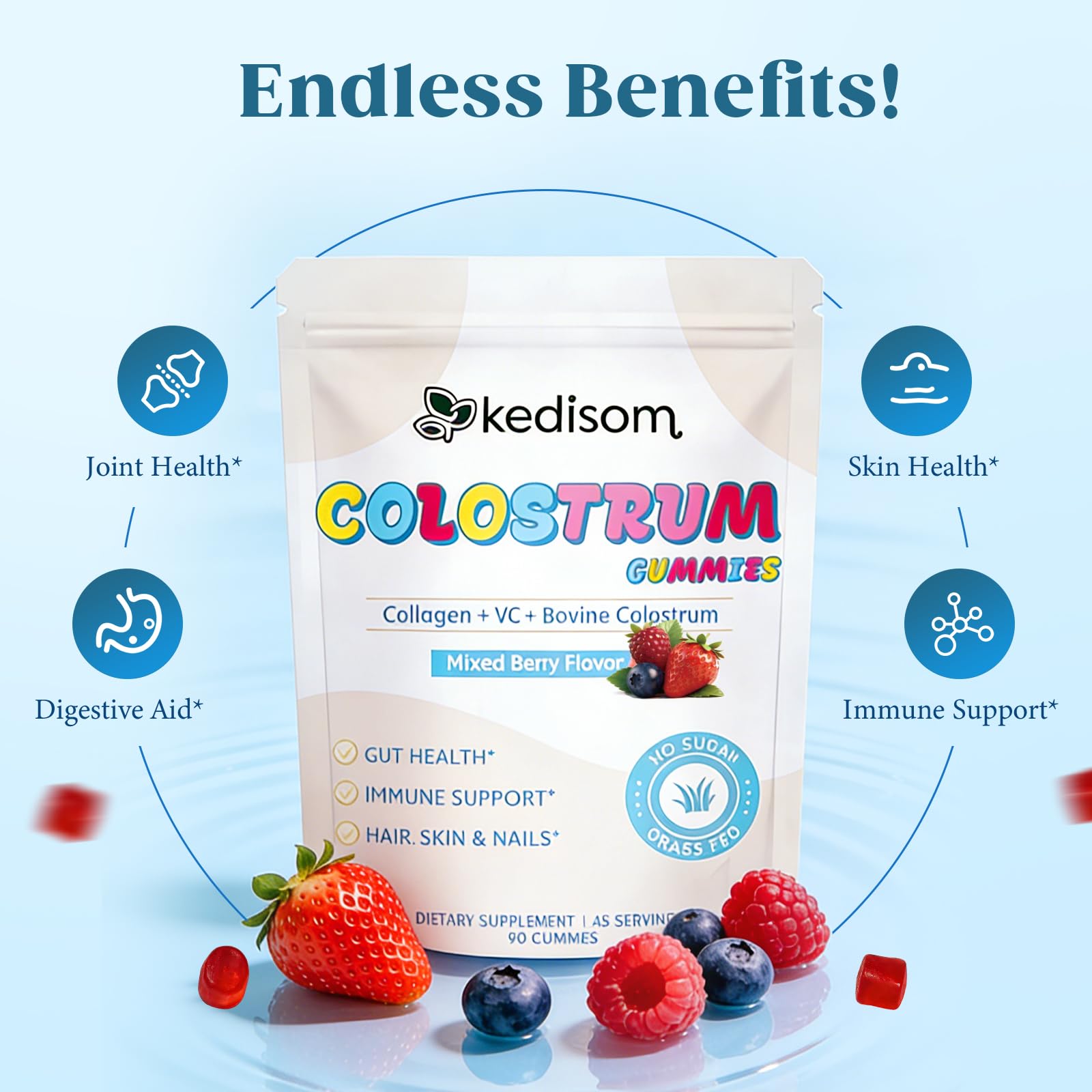 KEDISOM Colostrum Gummies, Grass Fed Colostrum Supplement, 90 Bovine Colostrum Gummies, 45 Servings, Mixed Berry, Sugar-Free KEDISOM Au supplements