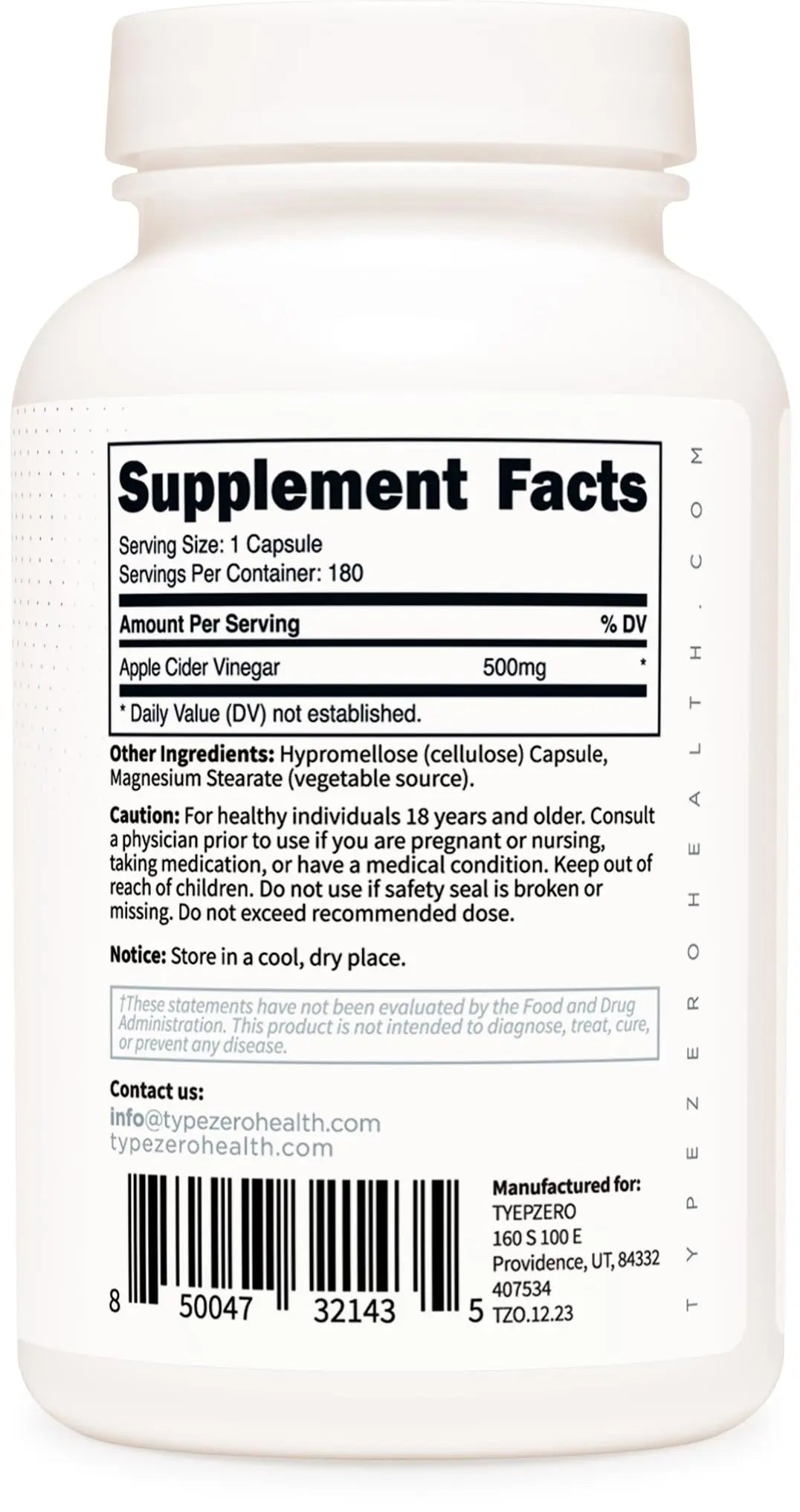 Type Zero Apple Cider Vinegar Capsules (180 Count) 500mg Per Serving - Non-GMO, Gluten-Free Supplement Type Zero Au supplements