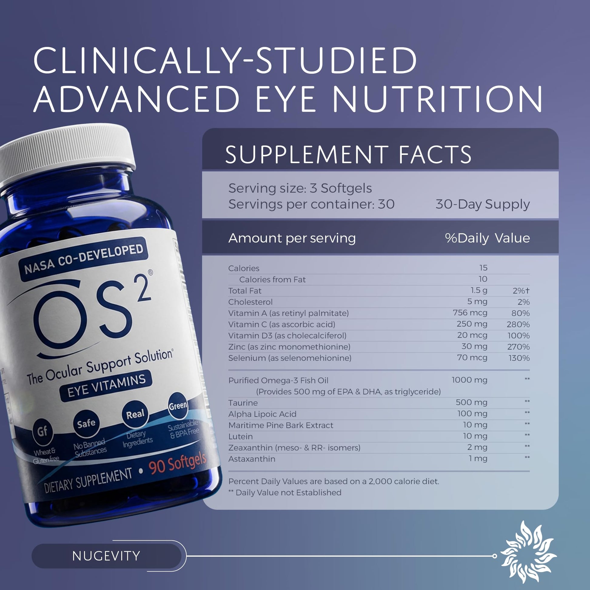 Nugevity OS2 Ocular Support Solution - Patented Eye Vitamins for Macular Health, Dry Eye and Blue Light - Lutein, Zeaxanthin, Omega 3, Astaxanthin and AREDS2 Supplements, Co-Developed by NASA, 90 ct Nugevity Au supplements