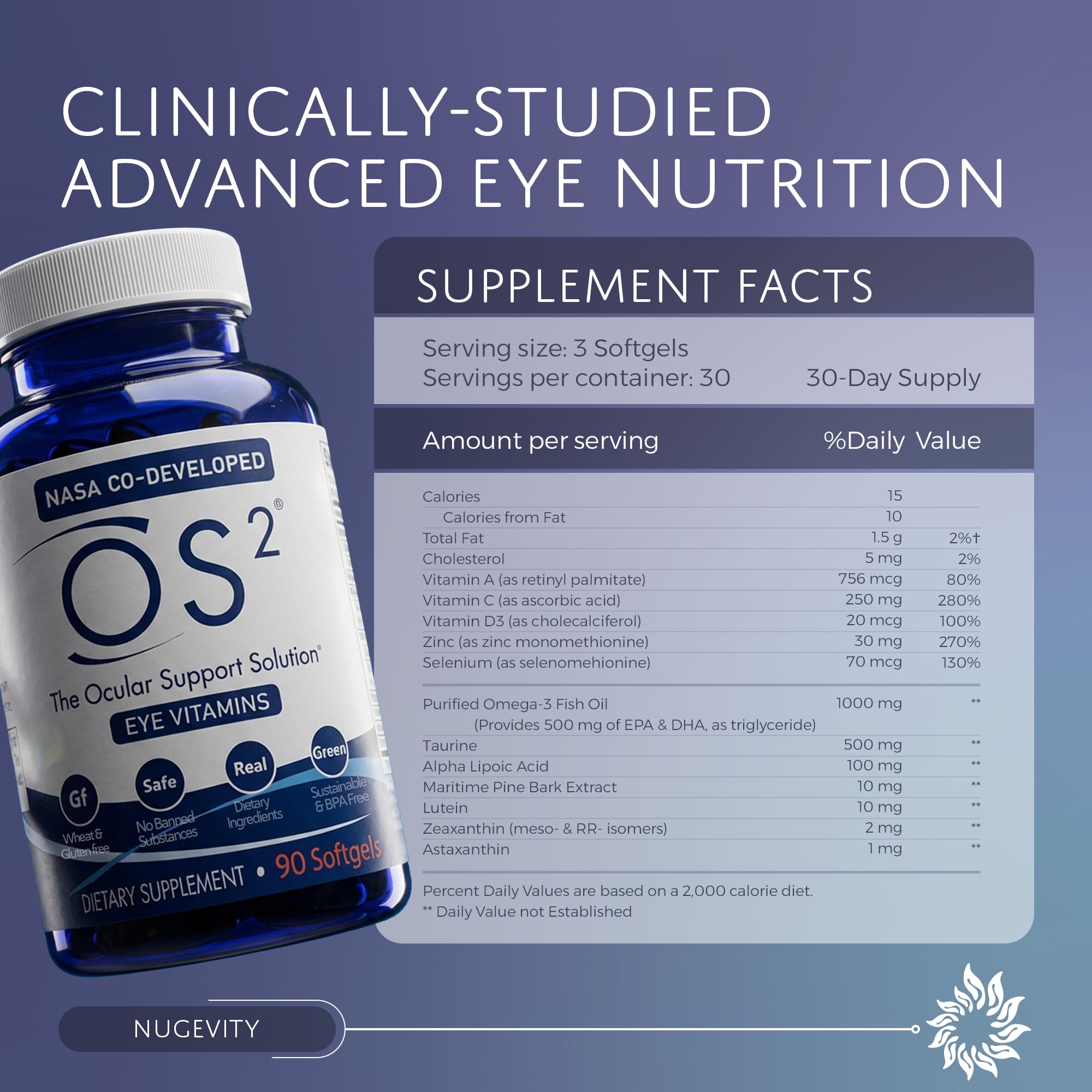 Nugevity OS2 Ocular Support Solution - Patented Eye Vitamins for Macular Health, Dry Eye and Blue Light - Lutein, Zeaxanthin, Omega 3, Astaxanthin and AREDS2 Supplements, Co-Developed by NASA, 90 ct Nugevity Au supplements