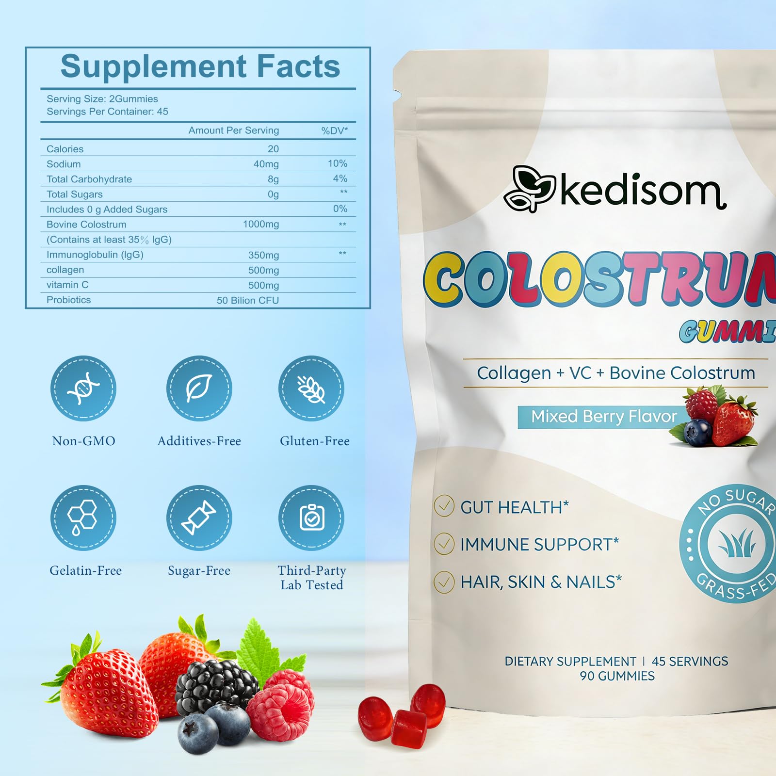 KEDISOM Colostrum Gummies, Grass Fed Colostrum Supplement, 90 Bovine Colostrum Gummies, 45 Servings, Mixed Berry, Sugar-Free KEDISOM Au supplements