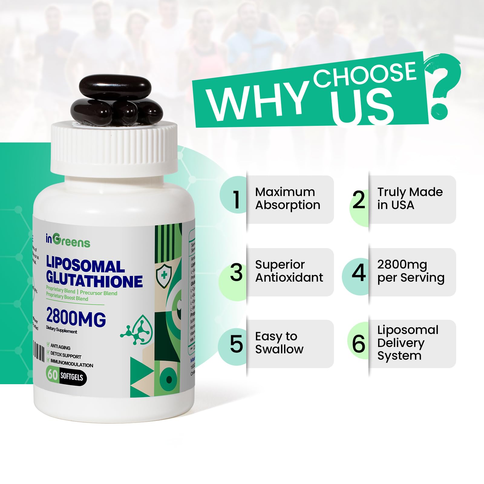 inGreens 2800 MG Liposomal Glutathione Supplement, Detoxifying & Immune, Aging Defense, Energy, Glutathione Unique Formulation Reduced inGreens Au supplements
