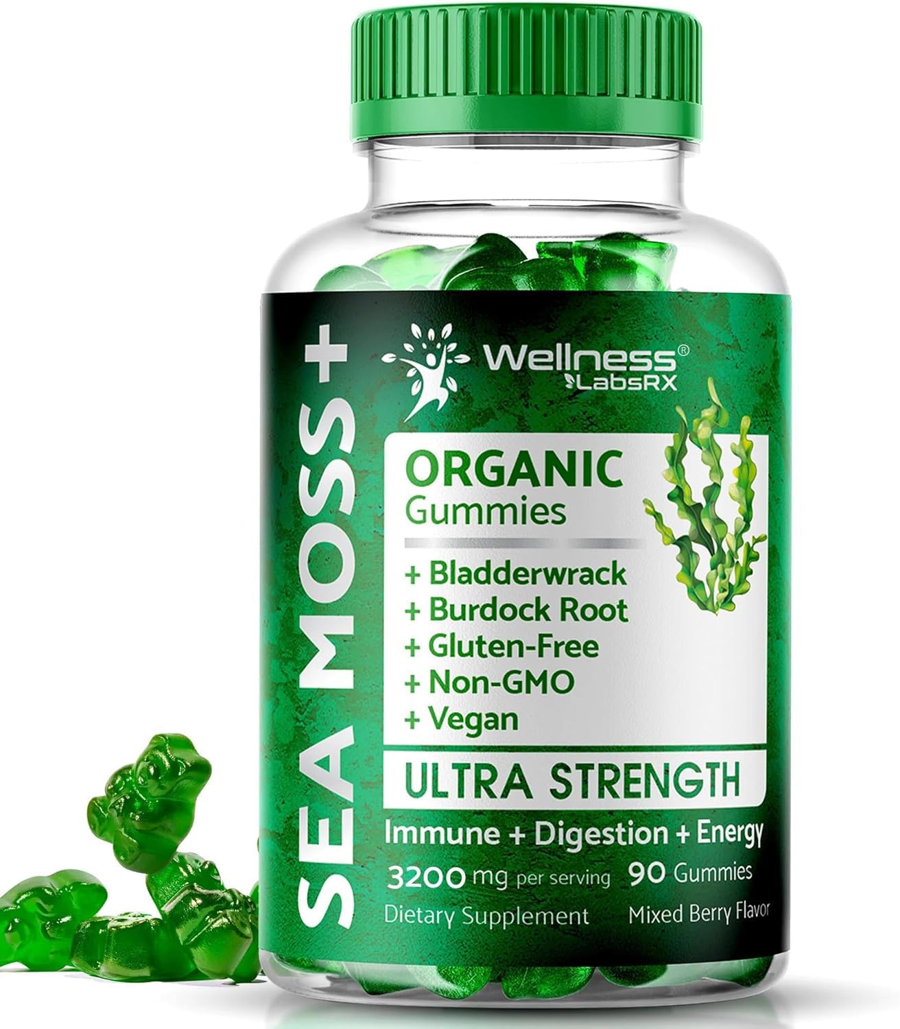 WELLNESS LABSRX Sea Moss Gummies, 3200mg Irish Sea Moss Mixed Berry Flavor with Maximum Potency Bladderwrack and Burdock Root - Supports Skin, Energy and Immunity - 90 Count WELLNESS LABSRX Au supplements