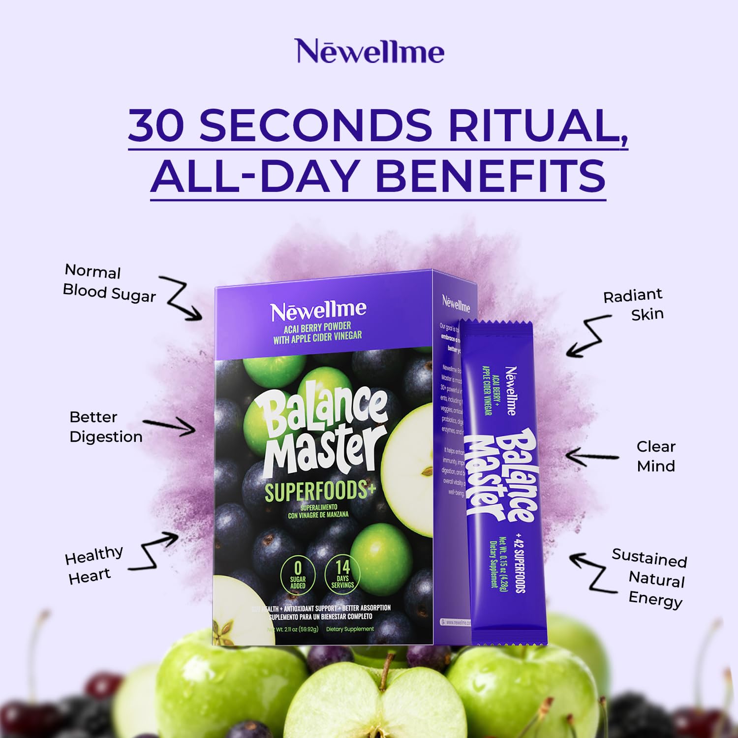 NEWELLME Balance Master Acai Apple Cider Vinegar Powder, Healthy Blood Sugar Support, Probiotics & Digestive Enzymes for Metabolic Support, Vegan Non-GMO, 14 Servings NEWELLME Au supplements