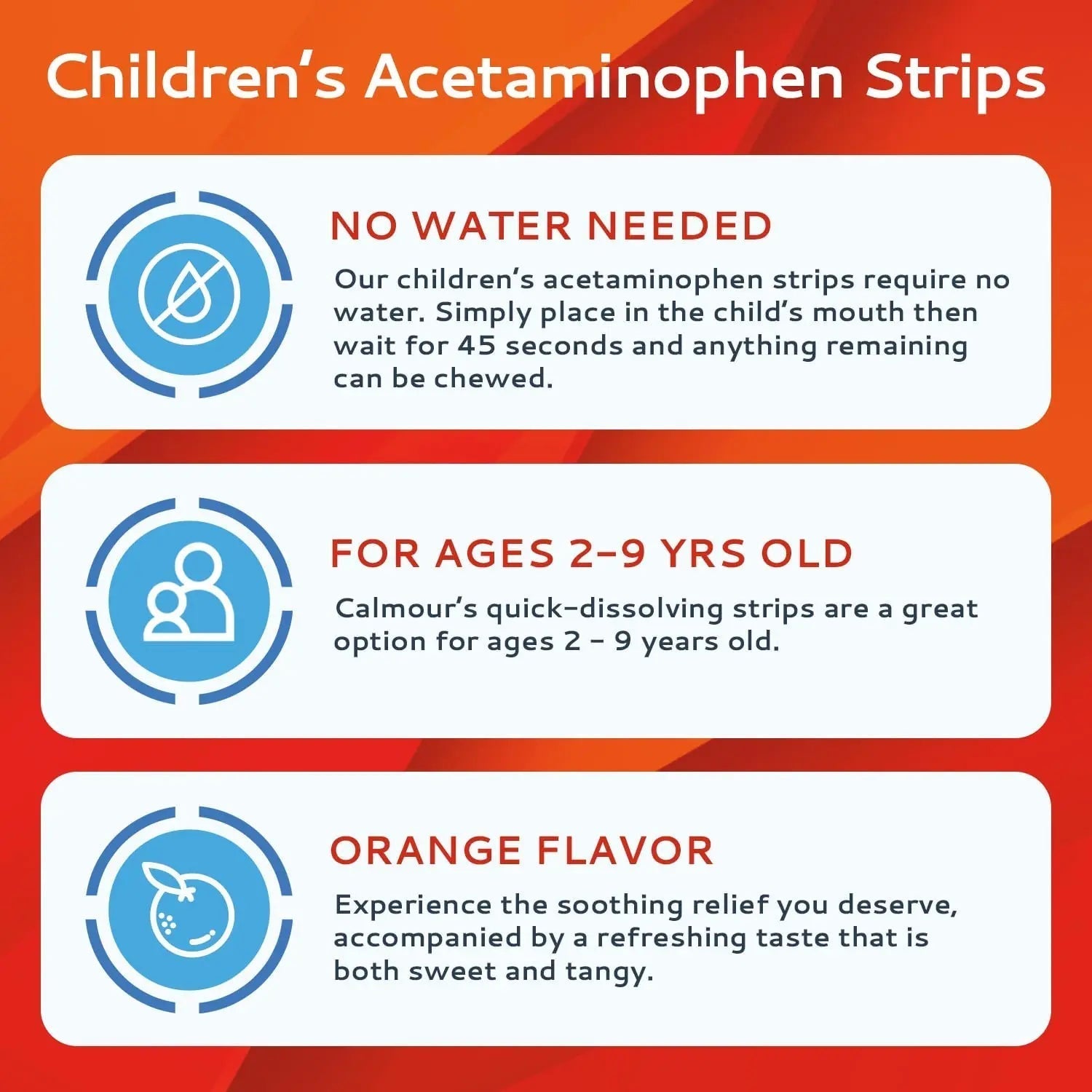 CALMOUR Children's Acetaminophen 36 Strips | Pain Reliever & Fever Reducer | Fast-Acting Support for Cold & Flu Symptoms | Oral Chewable Strips for Kids Ages 2-9 | Travel Size, Orange Flavor CALMOUR Au supplements