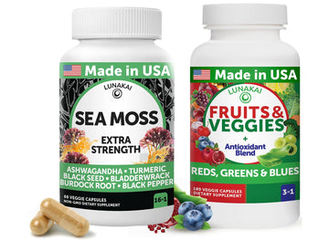 Lunakai USA Made Superfood Fruits & Veggies Supplement & Irish Sea Moss Bundle with 4 Blends, Black Seed Oil & Ashwagandha for Immune & Wellness Support Lunakai Au supplements