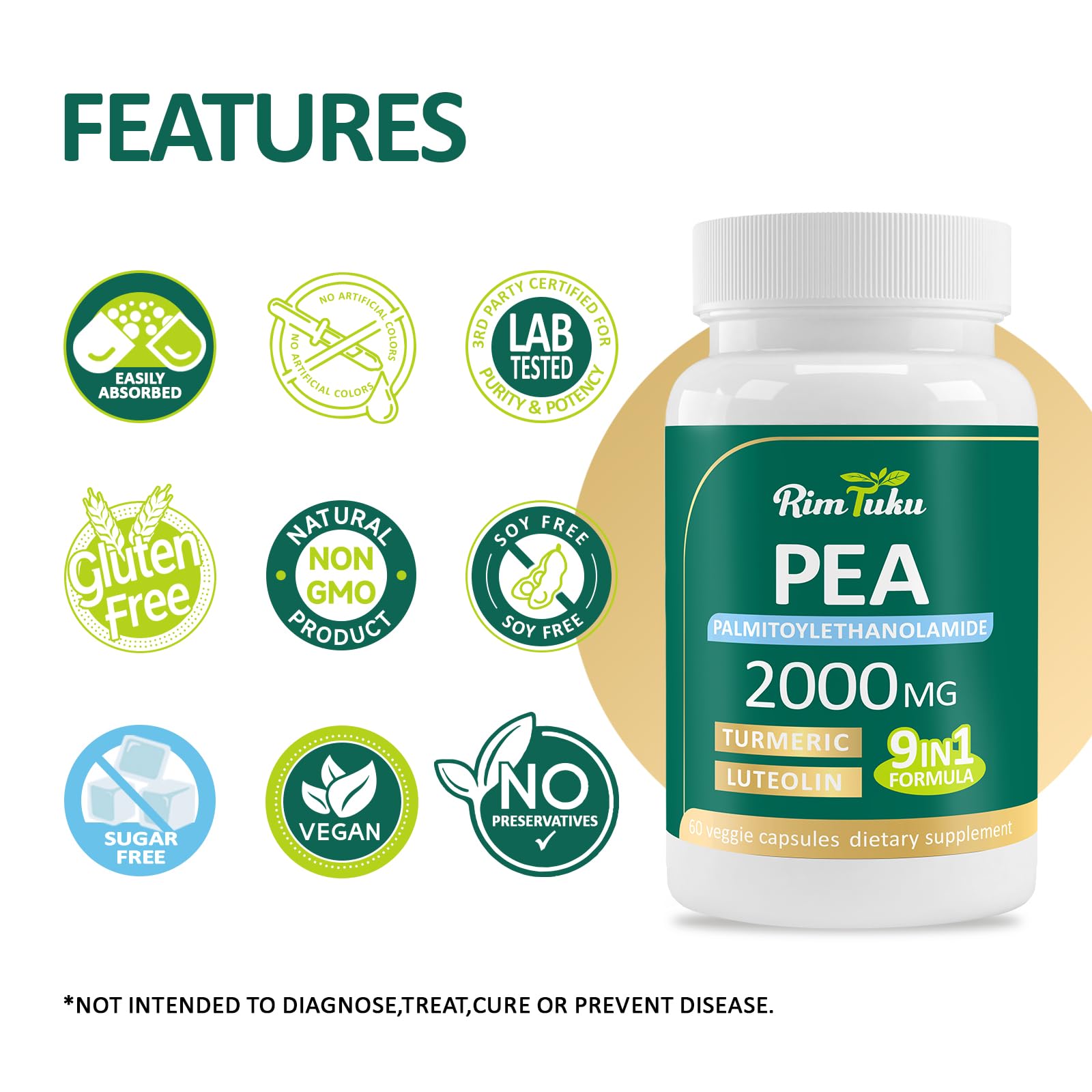 Liposomal Palmitoylethanolamide 2000MG + Luteolin 200MG + Turmeric 200MG & Fisetin 100MG, Micronized Pea 99% Highly Purified Enhanced Absorption Pea Supplement, 120 Capsules RimTuku Au supplements