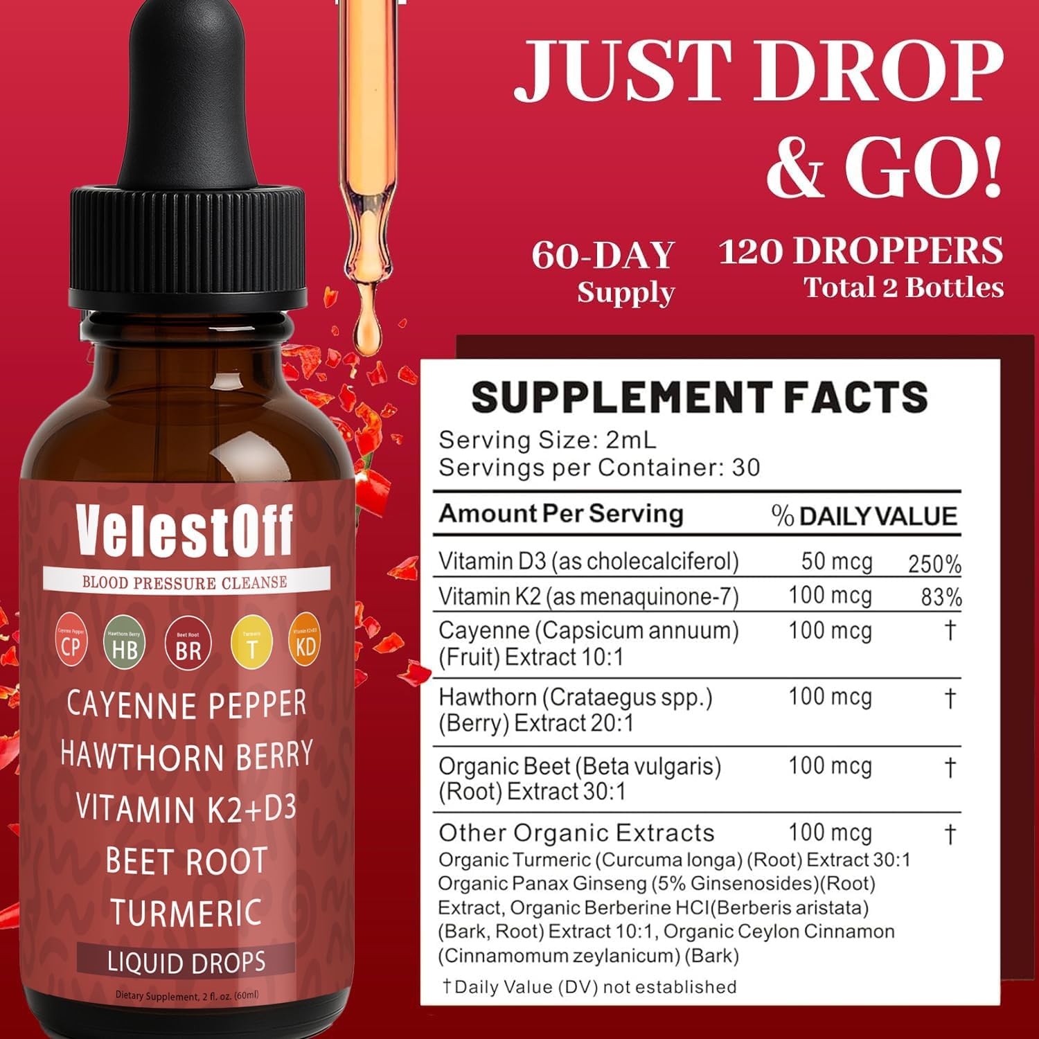Velestoff Cayenne Pepper | Cayenne Heart & Circulation Blend – Botanical Extracts with Hawthorn, Beet Root, Turmeric, Vitamin K2 & D3 – Daily Wellness Drops (2 fl oz) (1) DFTLUUE Au supplements