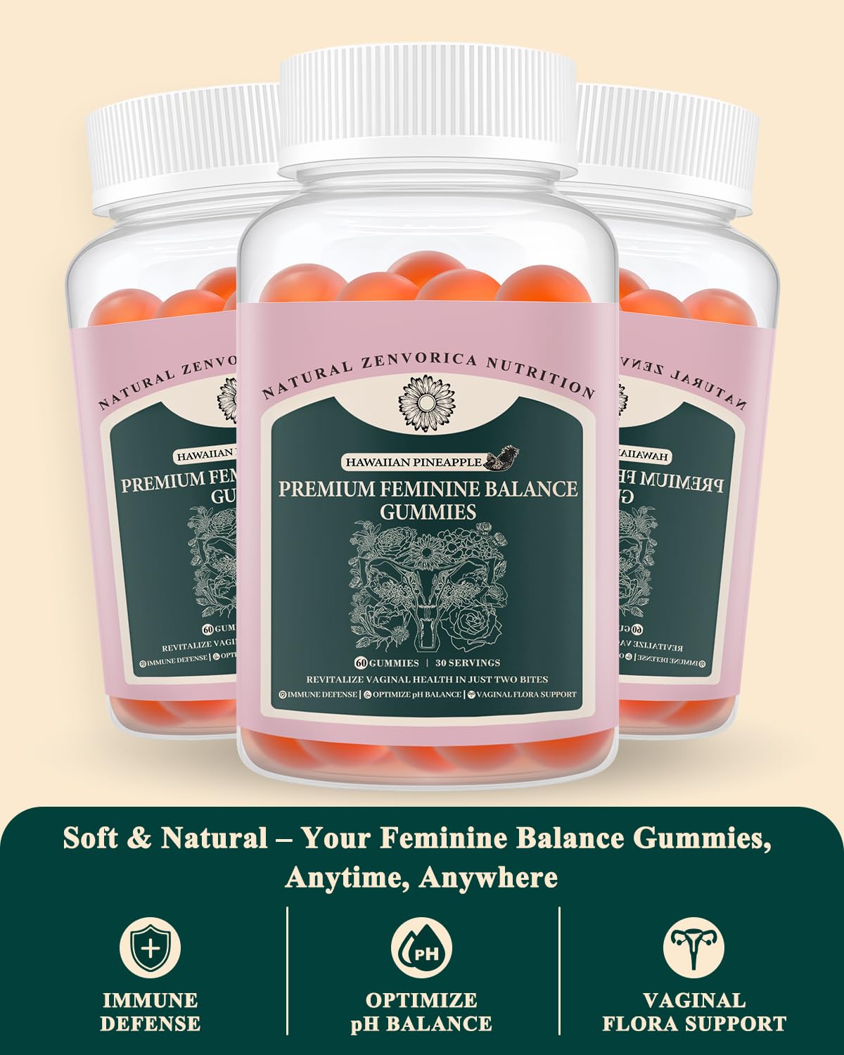 Zenvorica Premium Feminine Balance Gummies for Women - Hawaiian Pineapple pH Balance Probiotic Gummies for Odor and Flora Wellness, Immune Support, Vegan, 60 Count Zenvorica Au supplements