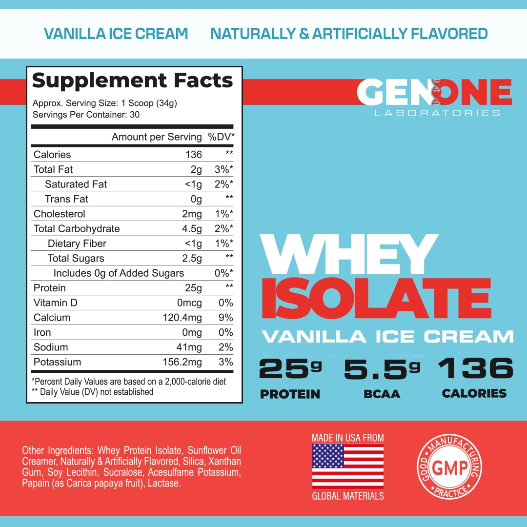 GenOne Whey Protein Powder Isolate, 25g Protein and 5.5g BCAAs per Serving, Vanilla Ice GENONE LABORATORIES Au supplements