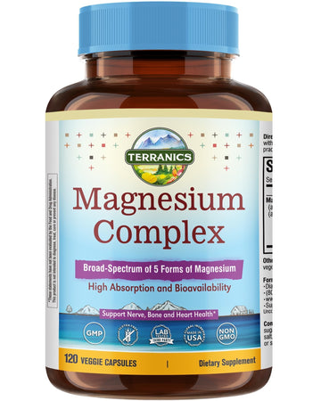Terranics 5-in-1 Magnesium Complex Supplement 500mg - 5 Forms High Absorption Magnesium Glycinate Citrate Malate Aspartate Gluconate for Sleep Heart Health - Non-GMO 120 Vegan Capsules Terranics Au supplements