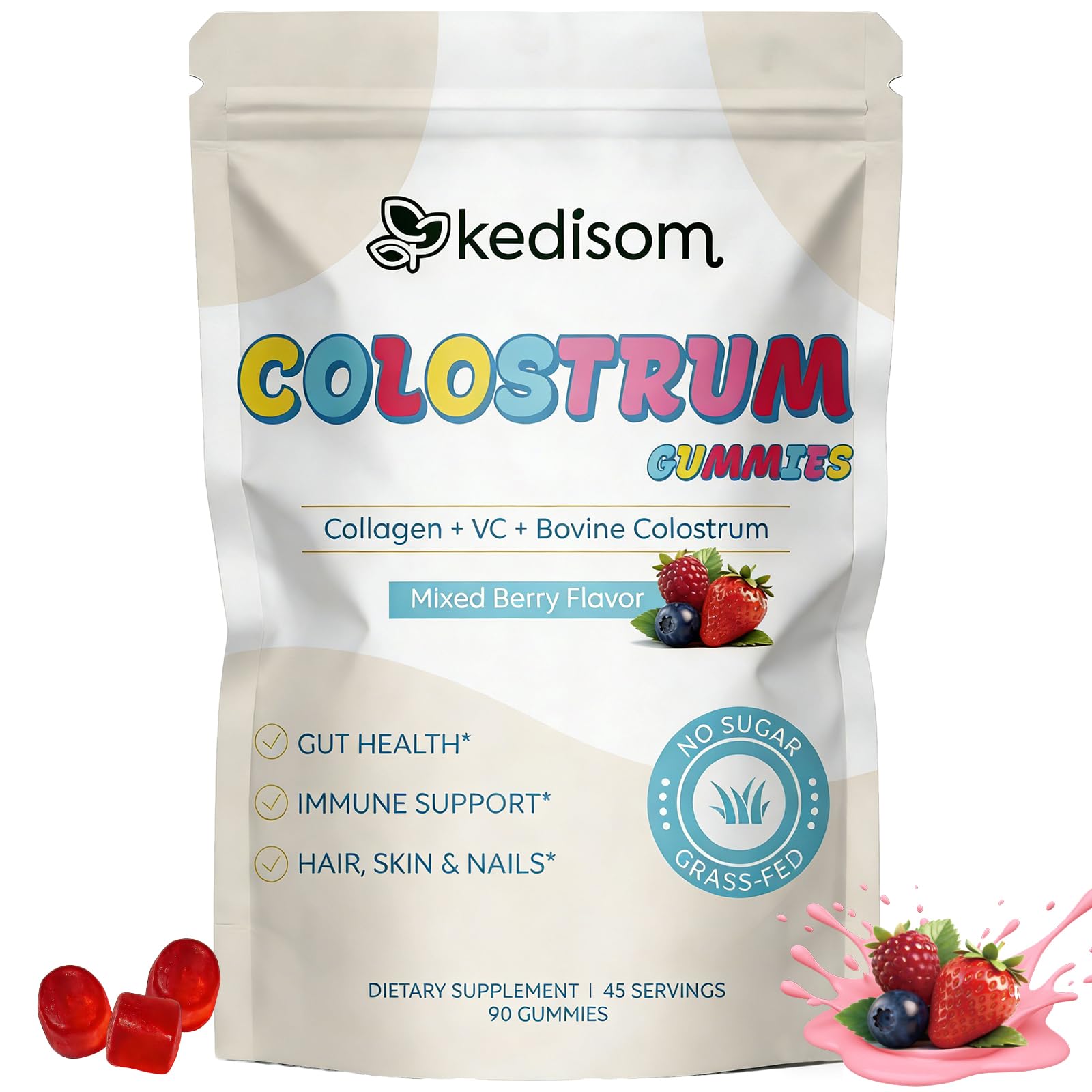 KEDISOM Colostrum Gummies, Grass Fed Colostrum Supplement, 90 Bovine Colostrum Gummies, 45 Servings, Mixed Berry, Sugar-Free KEDISOM Au supplements