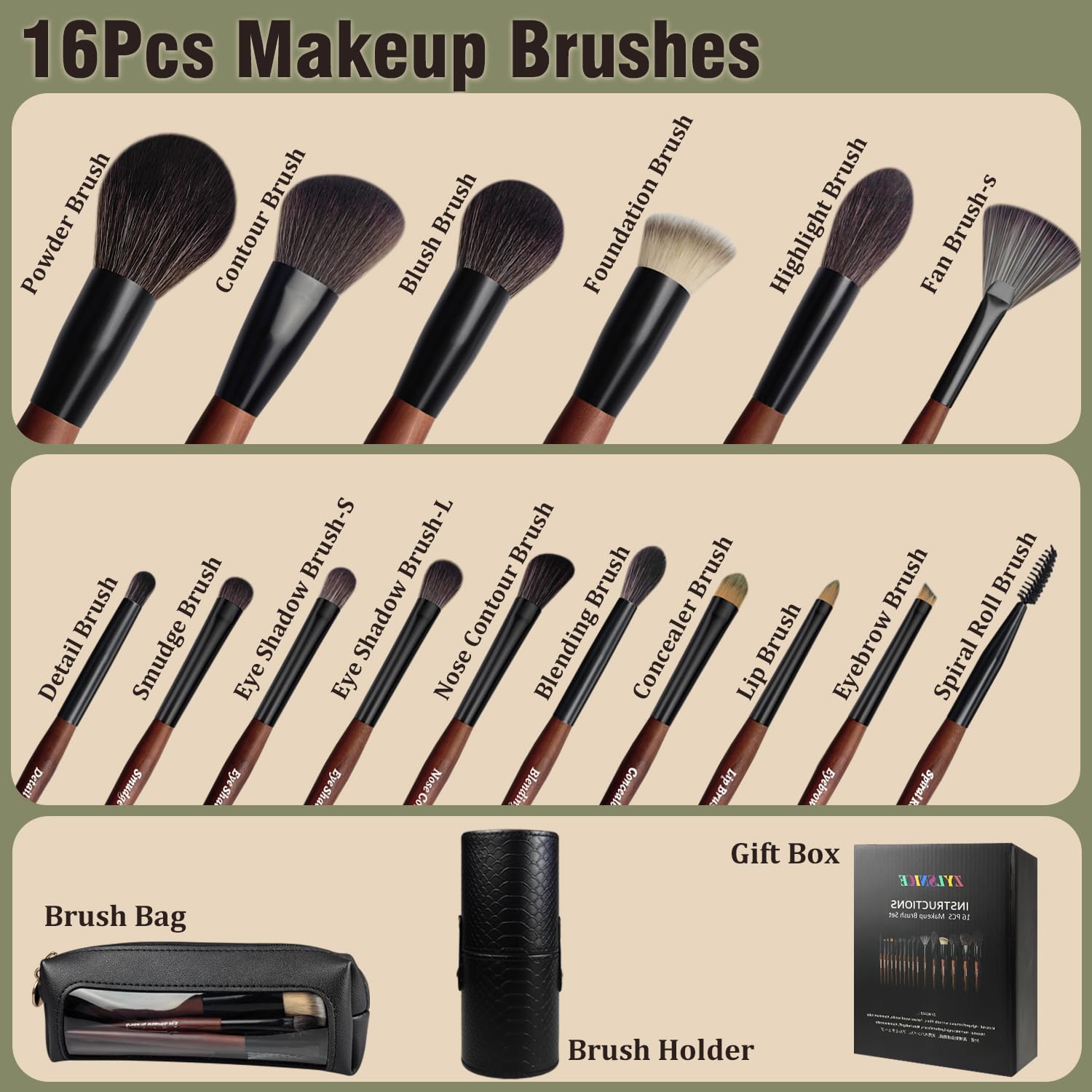 Makeup Brushes 16 Pcs Makeup Brush Set Professional, Wood Handle Travel Make Up Brushes Set with Case, Premium Cruelty-Free Synthetic Fiber Hair Makeup Brush Kit with Holder Zylsnice Au supplements