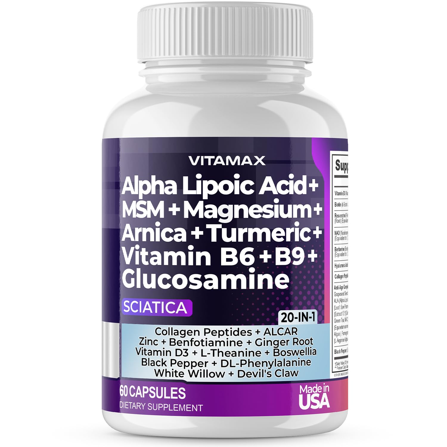 Sciatic Nerve Health Support - Sciatic Nerve Supplement Capsules with Folic Acid, Pea, Glucosamine, MSM, Vitamin B Complex, Alpha Lipoic Acid 300mg – 60ct – Made in USA Vitamax Au supplements