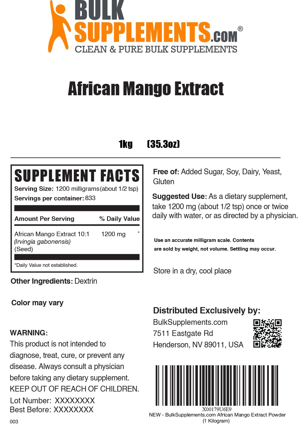 BulkSupplements.com African Mango Extract Powder - Irvingia Gabonensis, African Mango Powder - Gluten Free, 1.2g per Serving, 1kg (2.2 lbs) (Pack of 1) BulkSupplements Au supplements