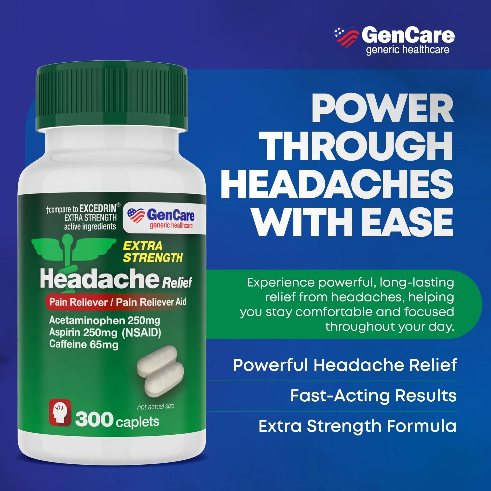 GenCare - Headache Relief Acetaminophen with Aspirin (NSAID) & Caffeine (300 Caplets) Value Pack | Head Pain, Muscle Aches, Back Pain & Body | Generic ExcedrEn Extra Strength GenCare Au supplements