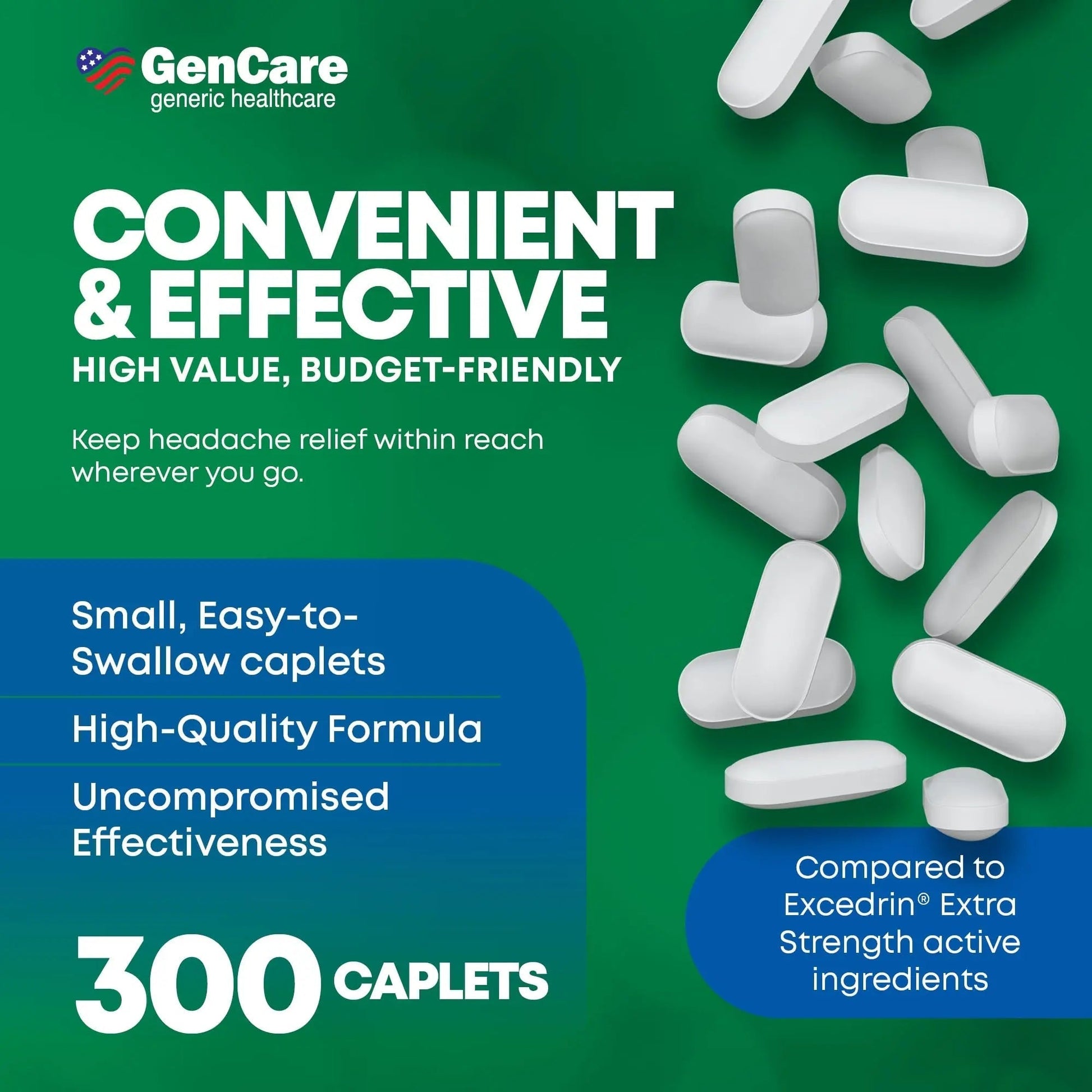GenCare - Headache Relief Acetaminophen with Aspirin (NSAID) & Caffeine (300 Caplets) Value Pack | Head Pain, Muscle Aches, Back Pain & Body | Generic ExcedrEn Extra Strength GenCare Au supplements