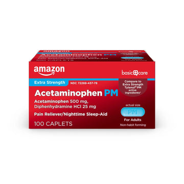 Amazon Basic Care Acetaminophen PM, Pain Reliever Plus Nighttime Sleep Aid, Blue, 100 Count Amazon Basic Care Au supplements