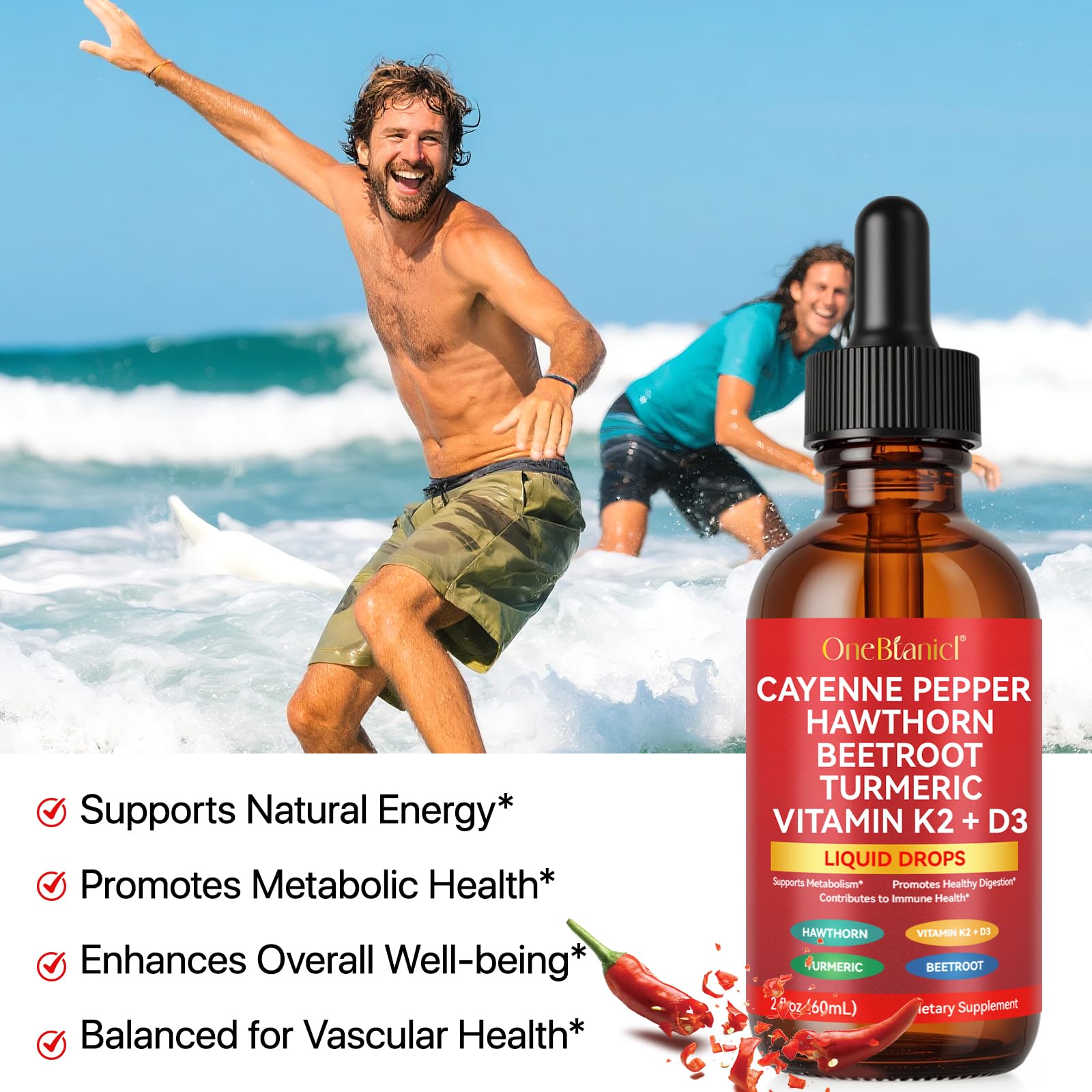 Cayenne Pepper Drops Supplement Liquid, Blend of Hawthorn Berry, Beetroot, Turmeric, VIT K2+D3, Daily Health Boost (2oz) REVIGLAM Au supplements