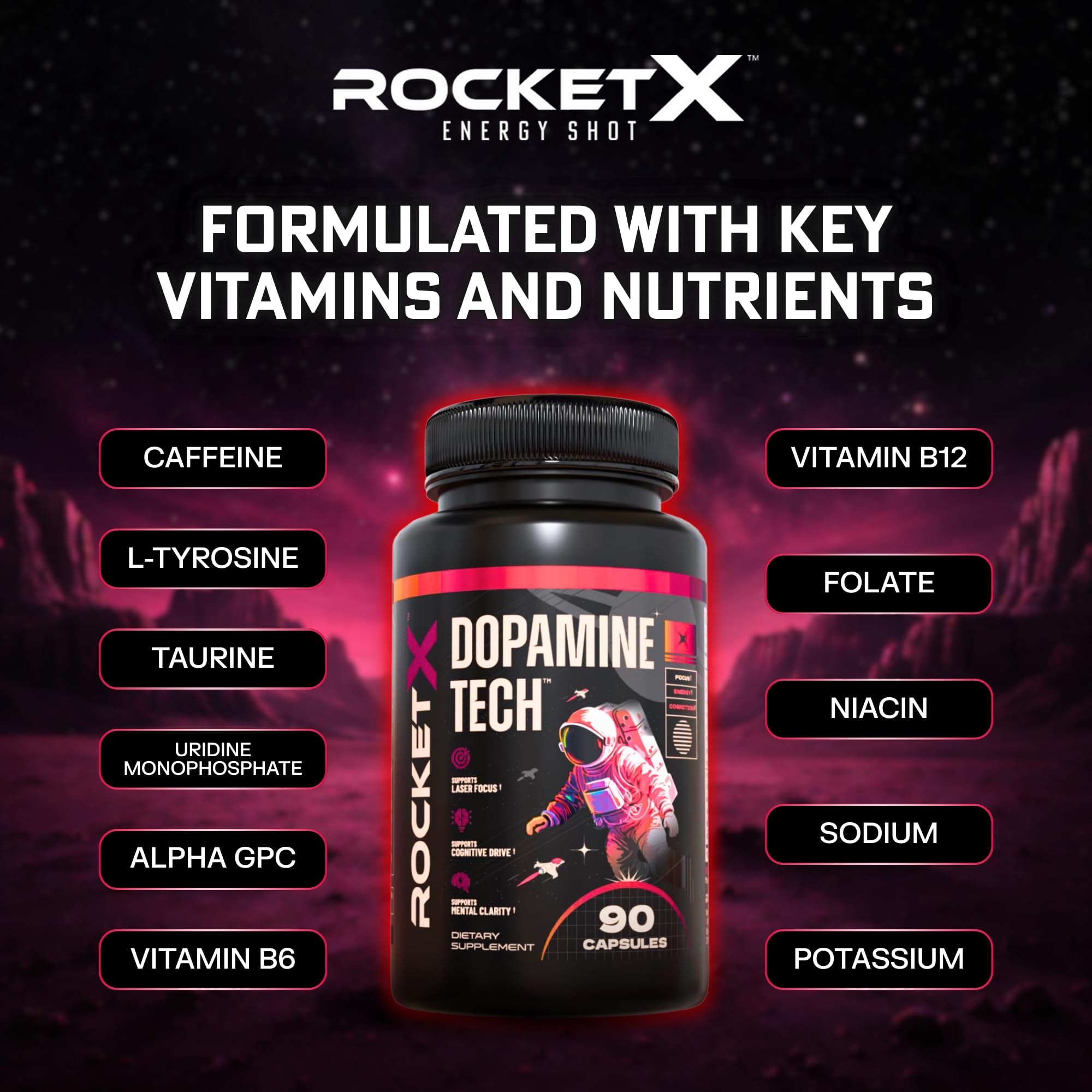 RocketX Dopamine Tech Brain Food Supplement, with L-Tyrosine and B Vitamins for Focus, Mental Clarity and Cognitive Drive, Vegan Capsules, 90 Capsules RocketX Energy Au supplements