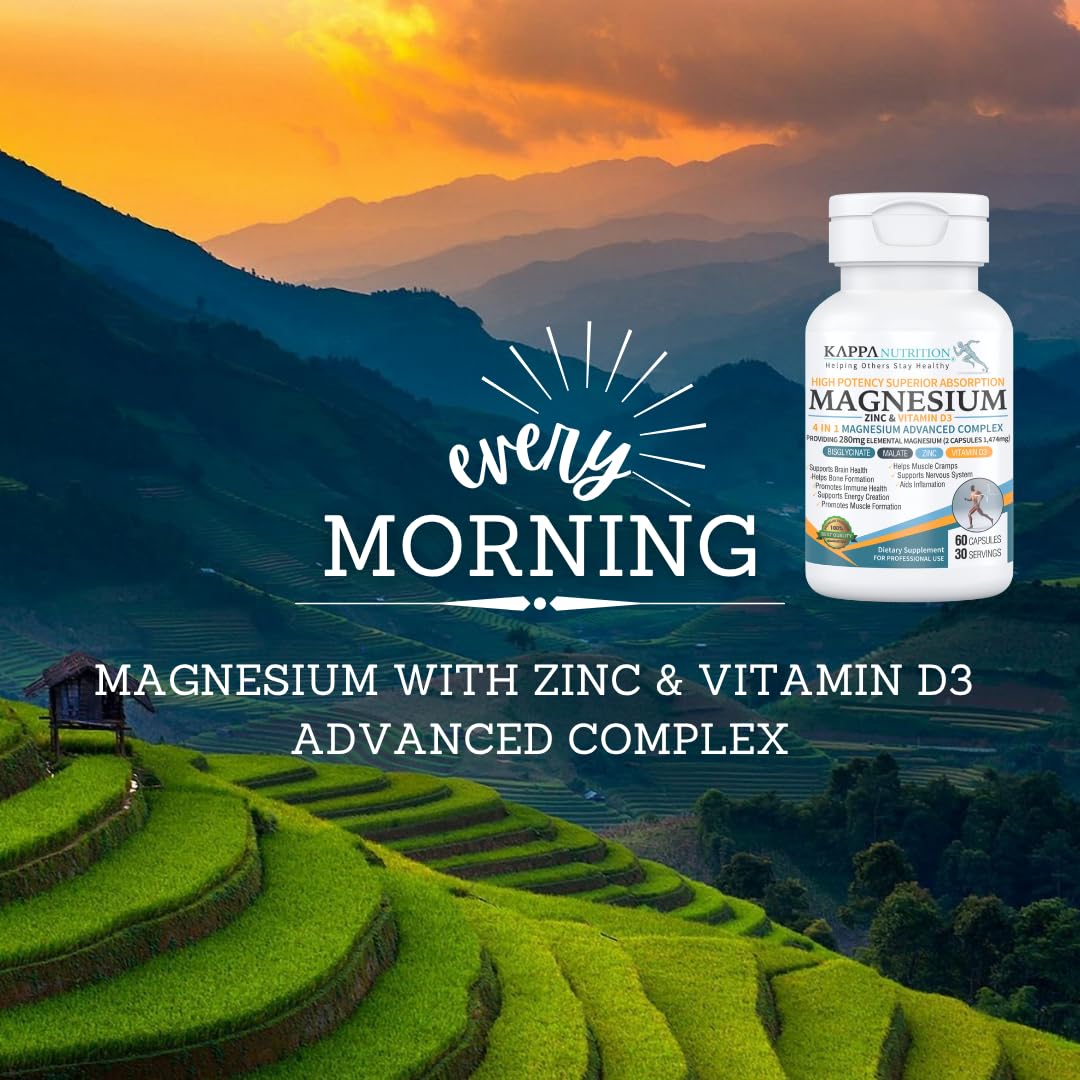 Kappa Nutrition Magnesium 4-in-1, 280mg Elemental Magnesium (Bisglycinate, Malate) + Zinc & Vitamin D3, Brain, Sleep, Energy, Muscle, Immune Support, 60 Vegan Capsules. KAPPA NUTRITION Au supplements