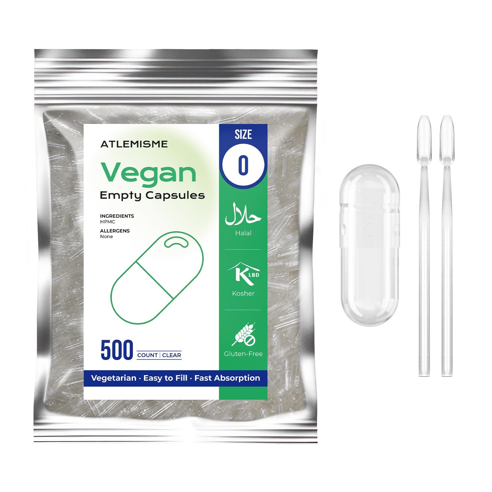 ATLEMISME Empty Vegan Capsules Size 0, 500-Count DIY Vegetable Capsules for Filling | Includes 2 Micro Lab Spoons ATLEMISME Au supplements