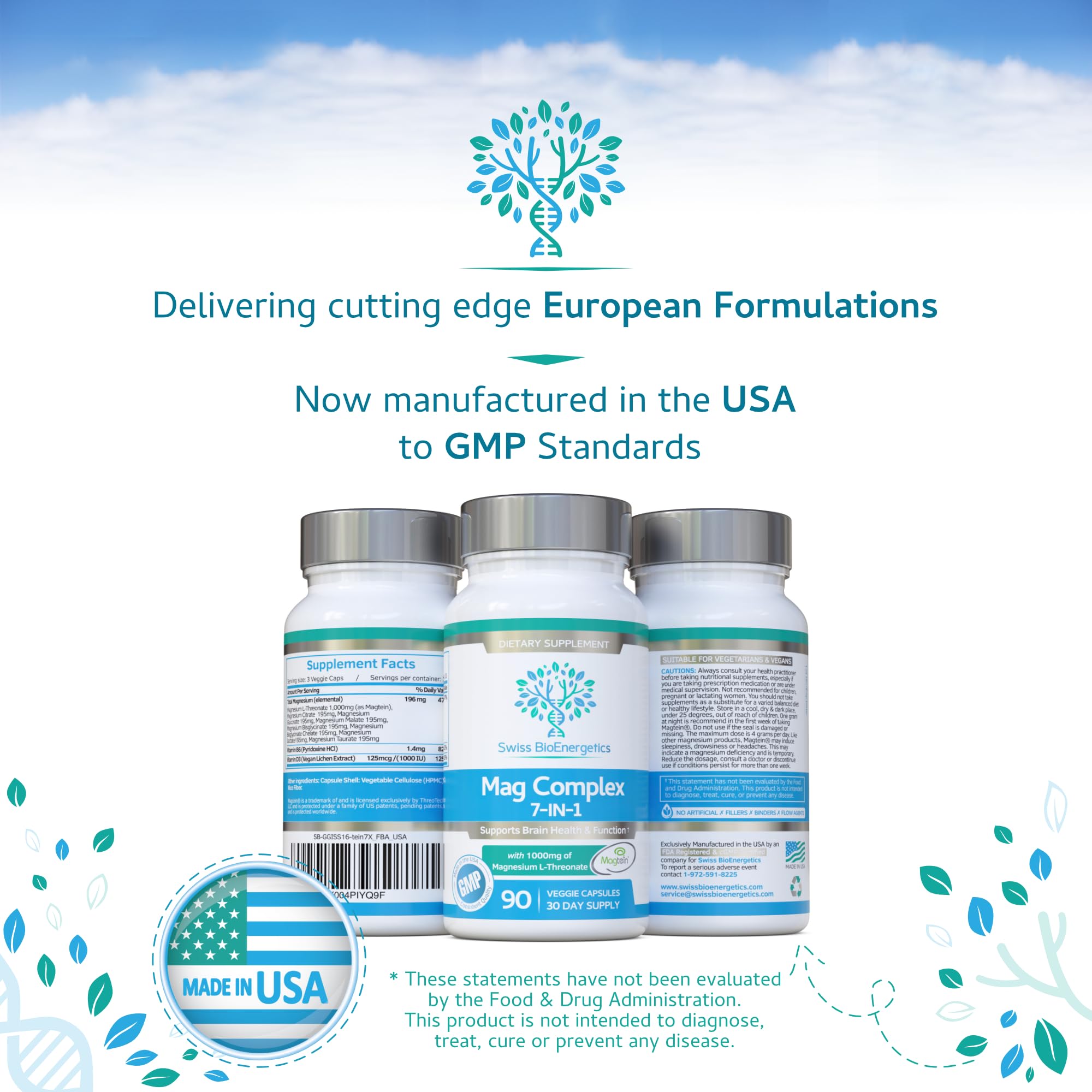 Magnesium L-Threonate Complex 7-in-1 with 1000mg of Magtein Plus Magnesium as Bisglycinate, Taurate, Citrate, Gluconate, Malate & Lactate - Supports Sleep - Vegan, US Made and No Artificial Nasties swiss bioenergetics Au supplements