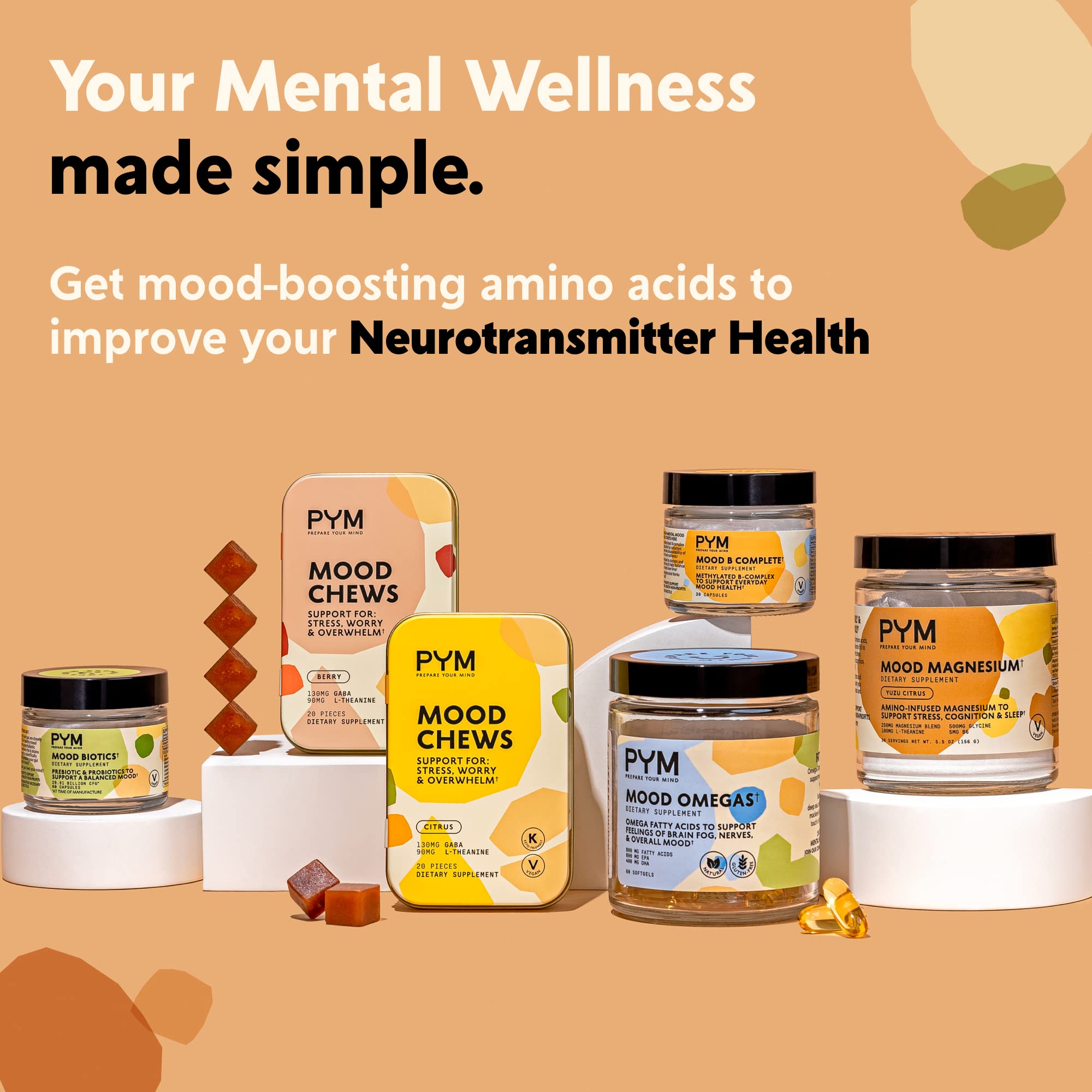 PYM Citrus Mood Chews Support for Stress, Worry & Overwhelm, 120 Count | 130mg GABA, 90mg L-Theanine | Vegan, Non-GMO, Gluten-Free, No Added Sugar | All-Natural Mood Balance Supplement Made in USA PYM Health Au supplements