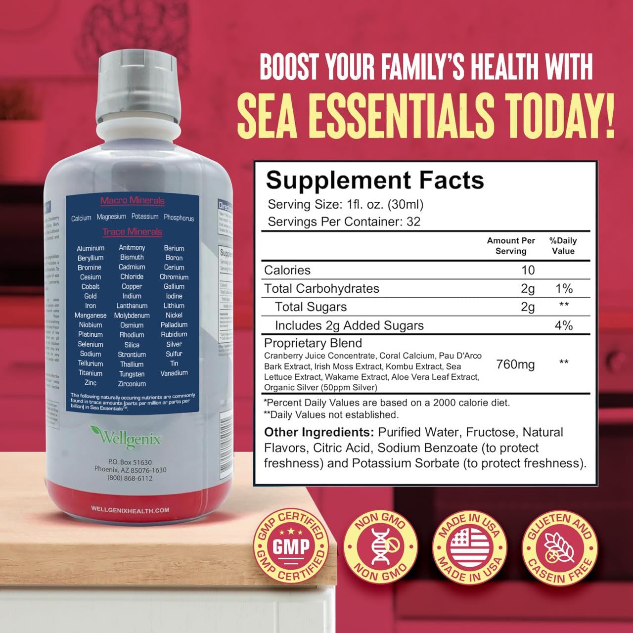 Wellgenix Sea Essentials Liquid Mineral Dietary Supplement with Trace and Macro Minerals and Coral Calcium – Sea Berry Flavor – 32 fl oz Wellgenix Au supplements
