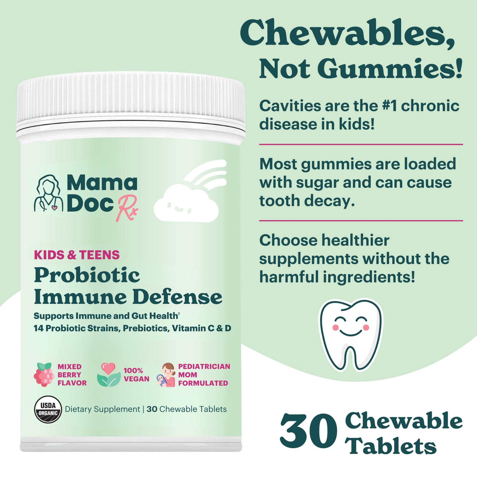 MamaDoc Rx Certified Organic Kids & Teens Probiotic Immune Defense - 5 Billion CFUs | Sugar Free, Vegan, Gluten-Free | 14 Probiotic Strains, Prebiotics, Vitamin C & D | 30 Chewable Tablets, Ages 4+ MamaDoc Rx Au supplements