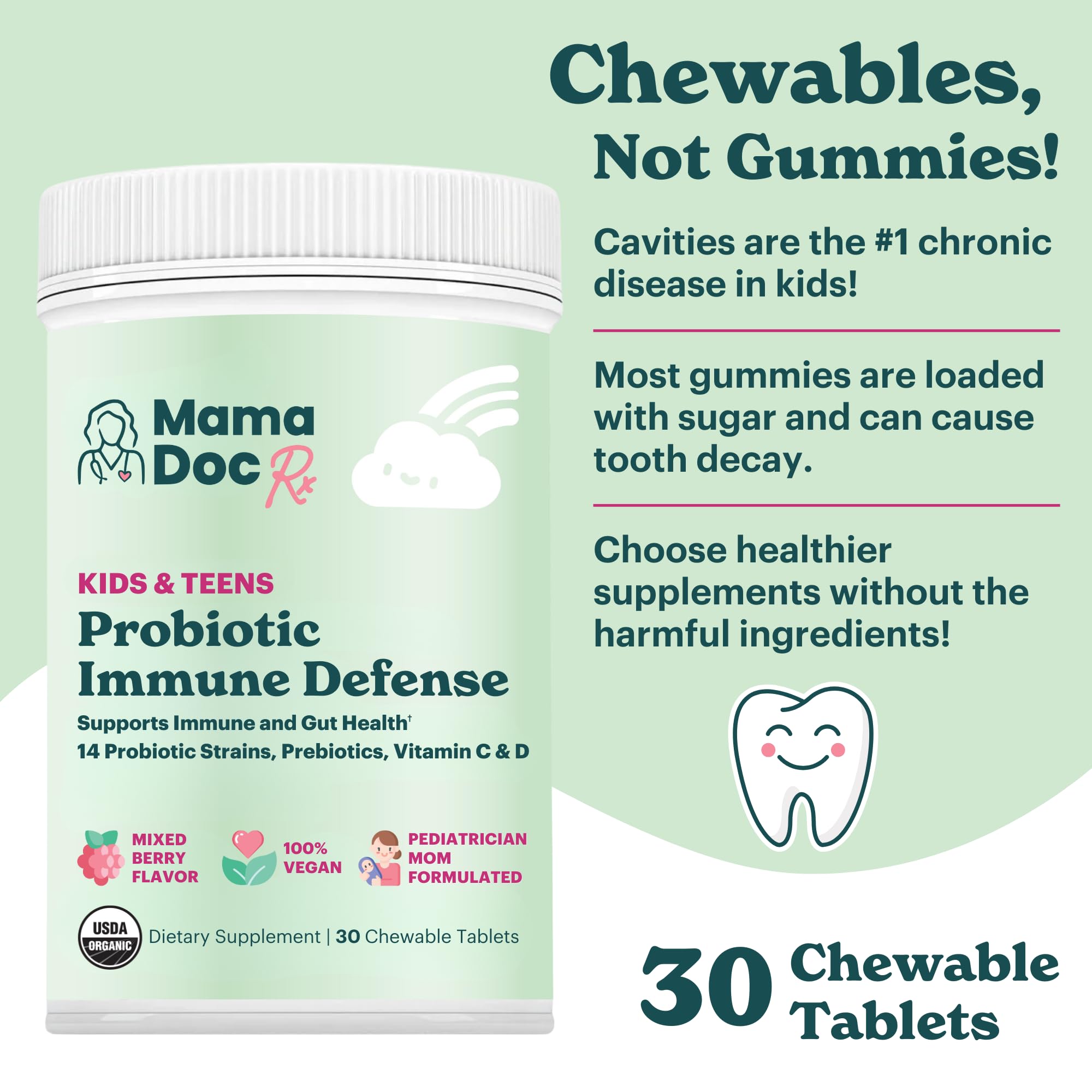 MamaDoc Rx Certified Organic Kids & Teens Probiotic Immune Defense - 5 Billion CFUs | Sugar Free, Vegan, Gluten-Free | 14 Probiotic Strains, Prebiotics, Vitamin C & D | 30 Chewable Tablets, Ages 4+ MamaDoc Rx Au supplements